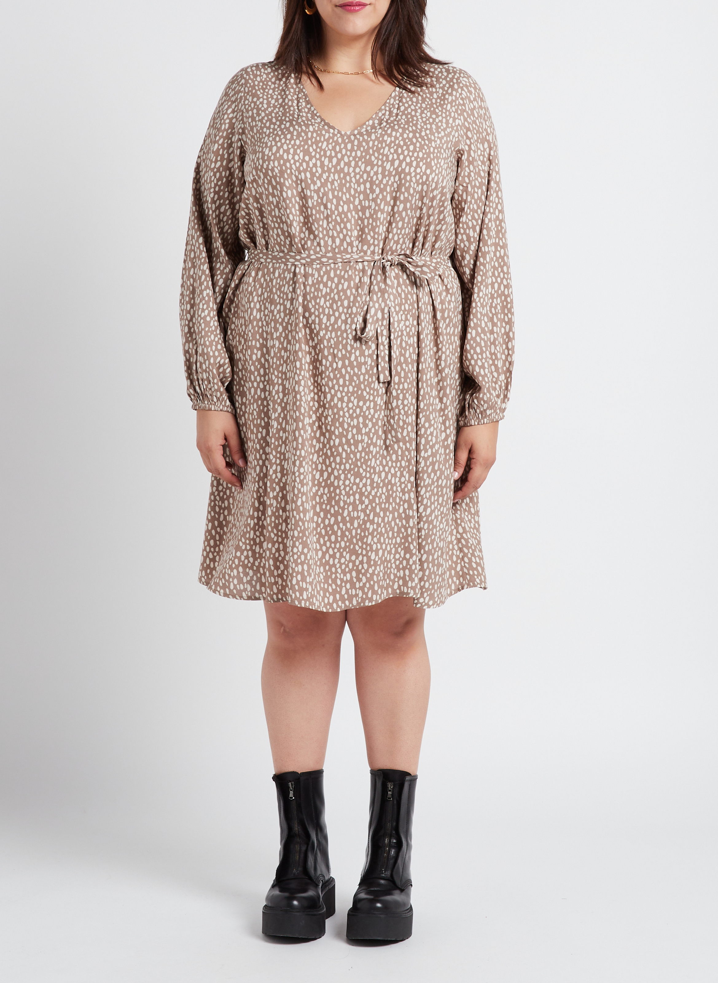 Short printed V-neck dress EVOKED Beige