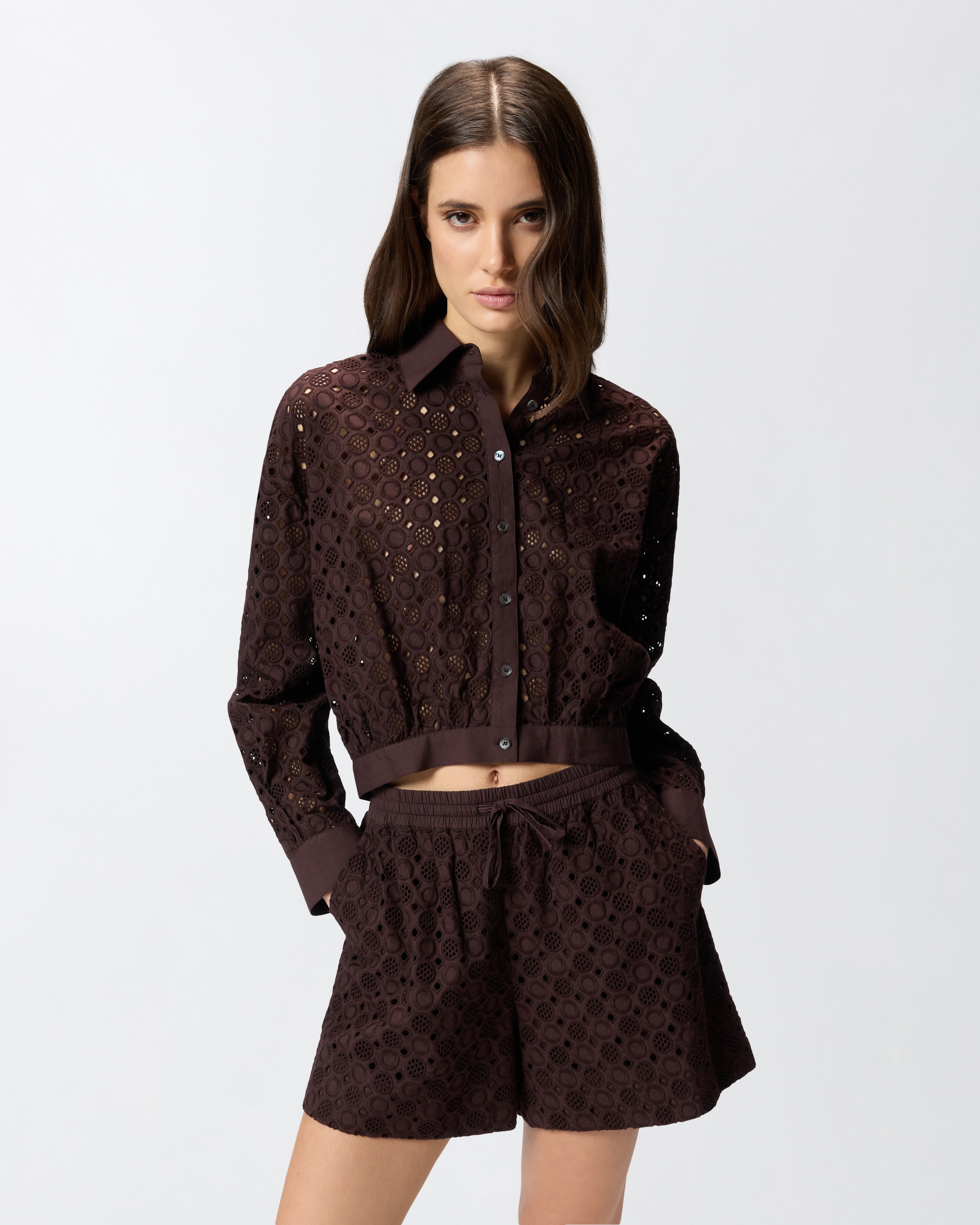Chemise cropped avec broderie anglaise PINKO Marron