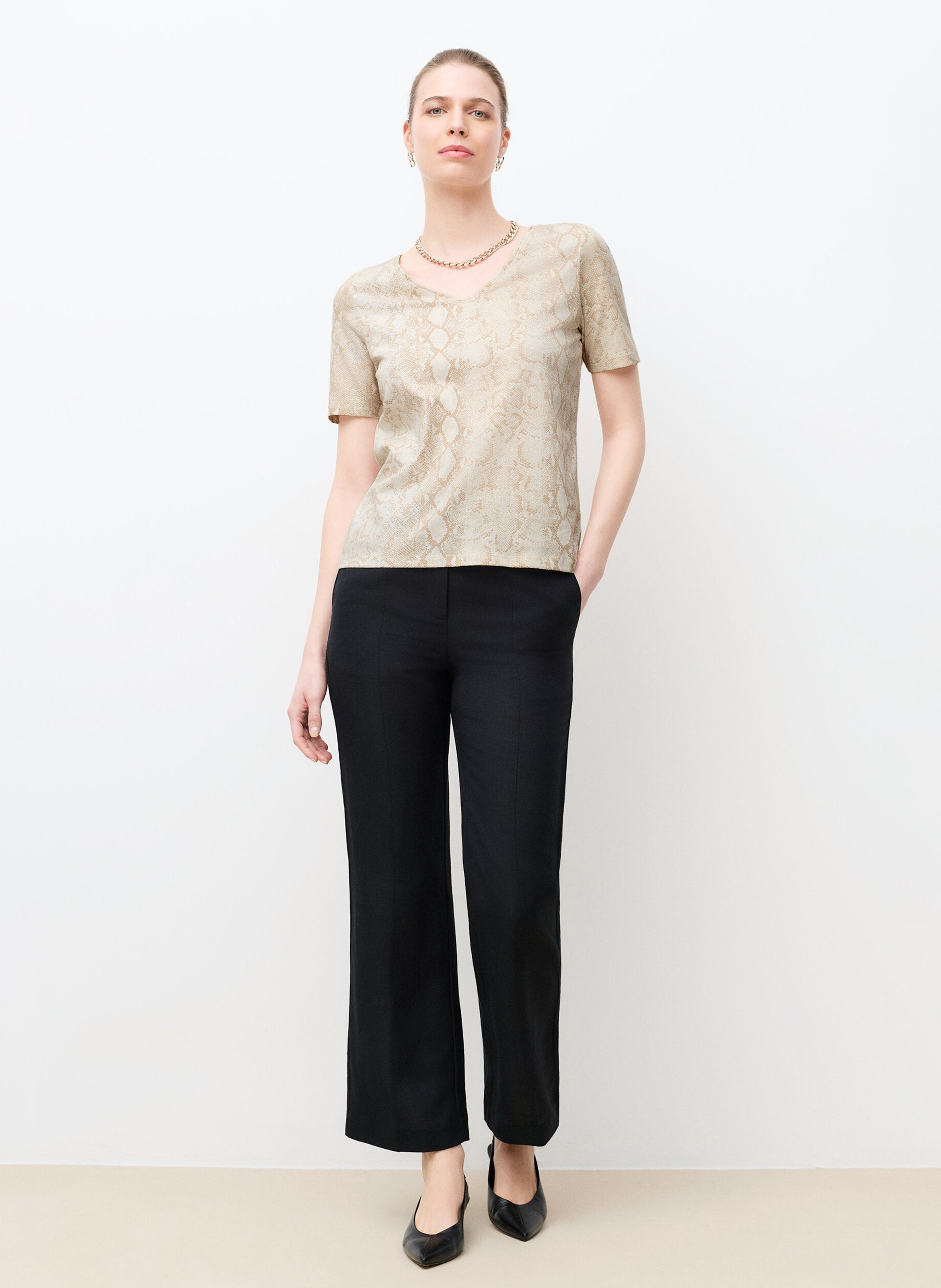 Tee-shirt col V droit imprimé CAROLL Beige