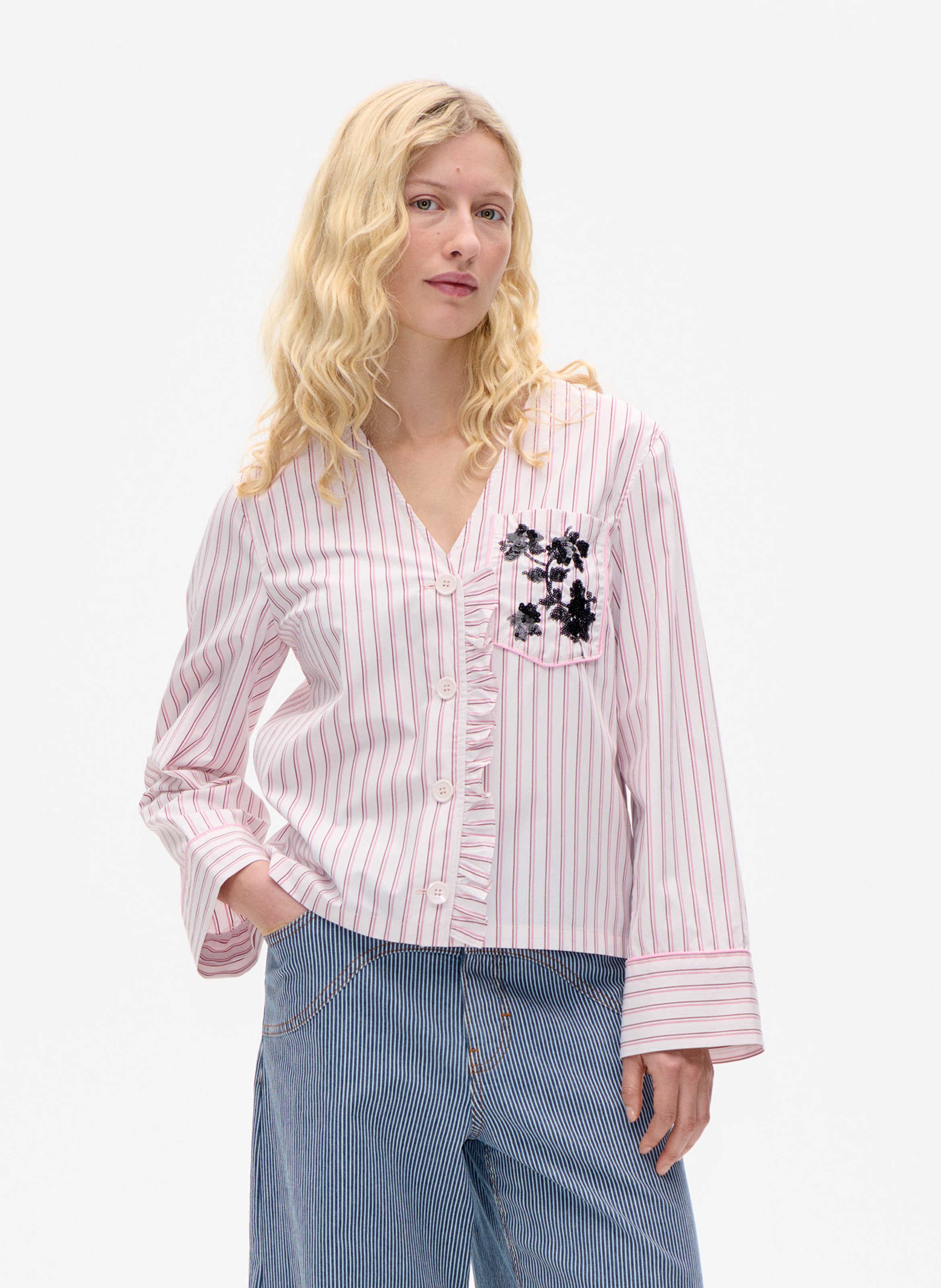 Oversized V-neck striped cotton shirt BAUM UND PFERDGARTEN Pink