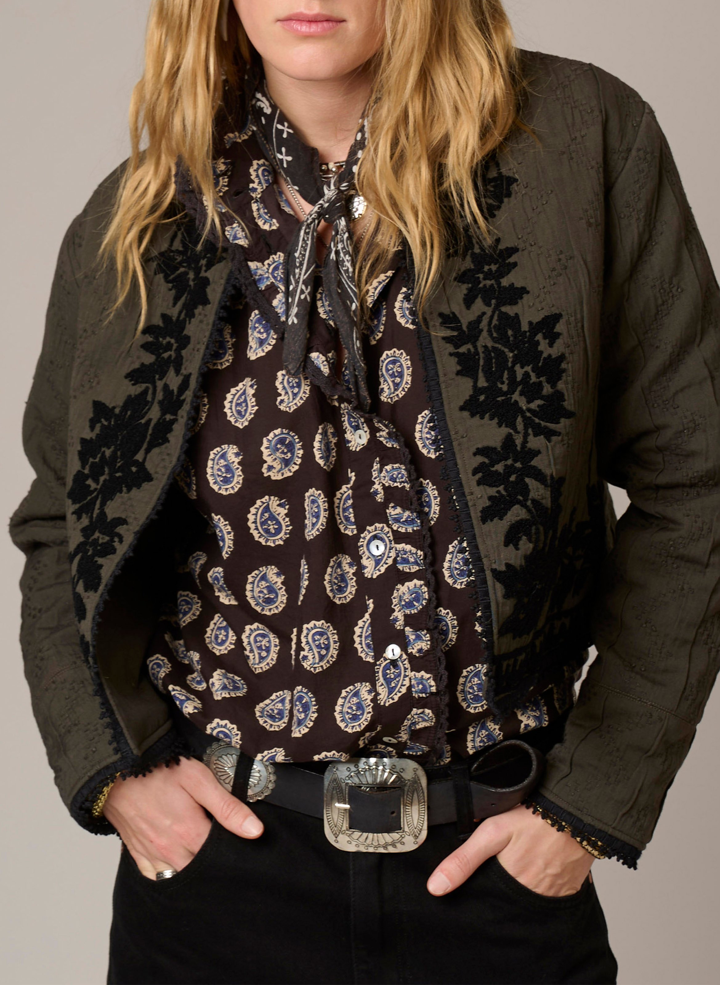 Short straight embroidered cotton jacket MKT Khaki