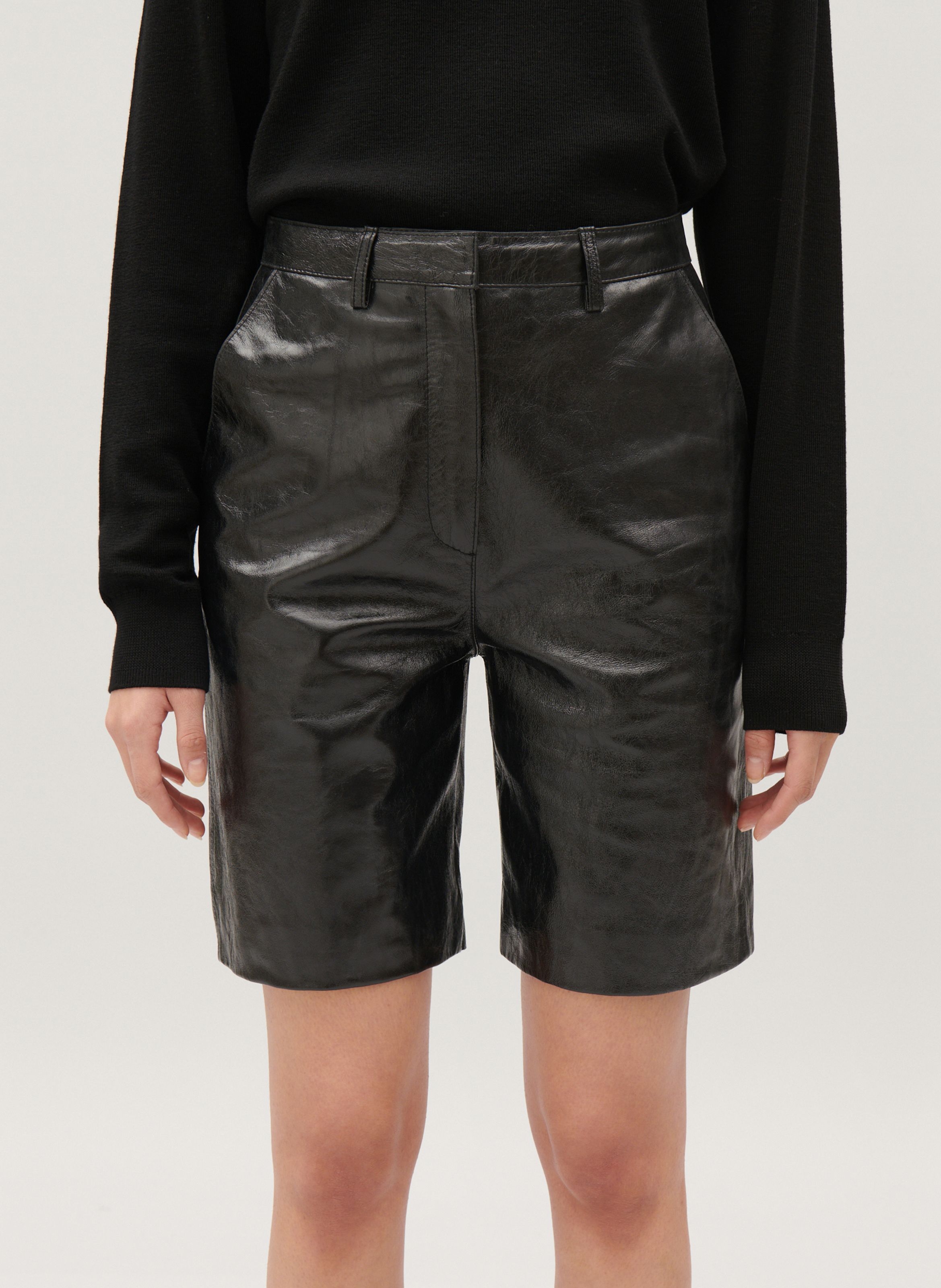 Black Lambskin leather Bermuda shorts