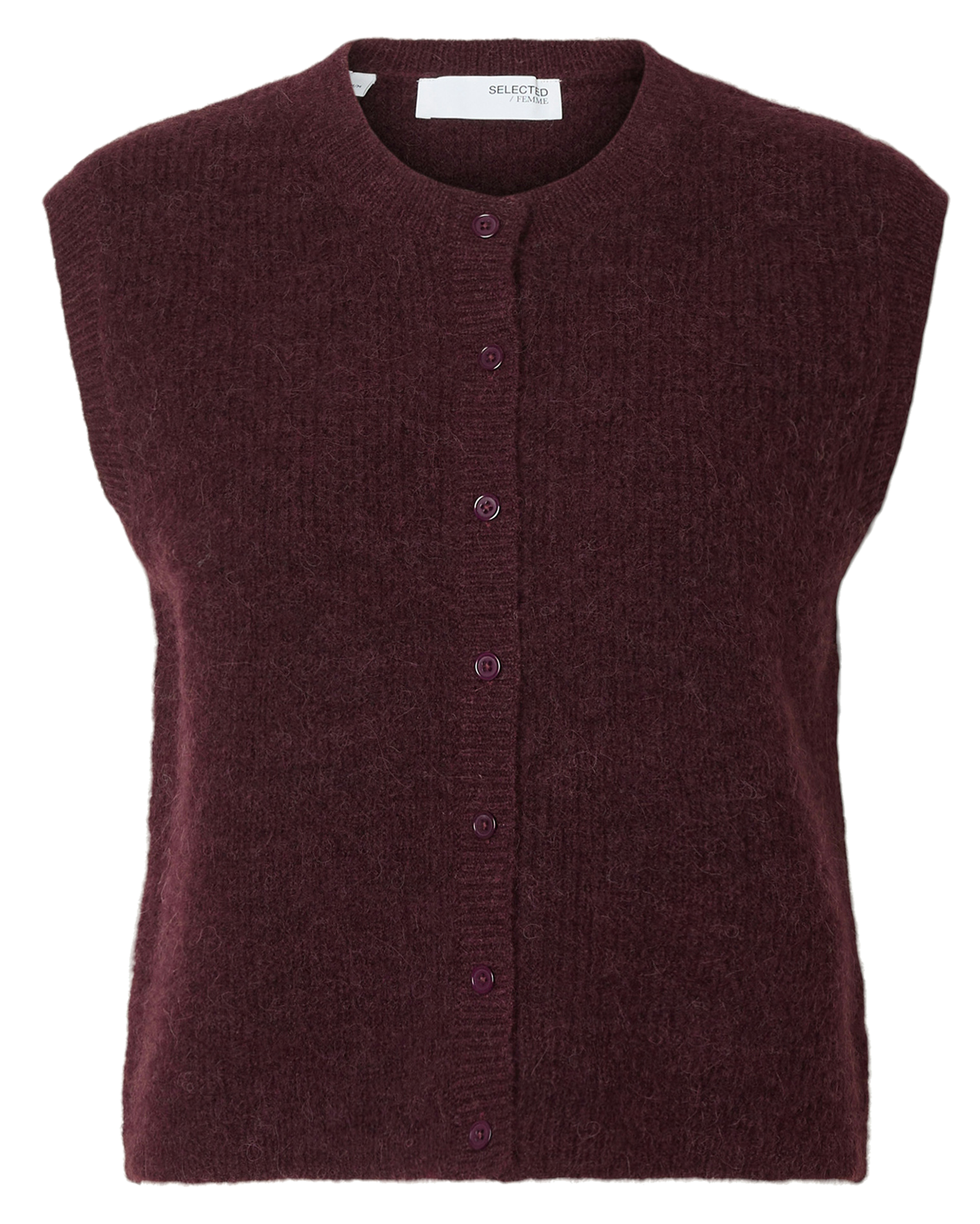 Cardigan droit col rond en laine mélangée SELECTED Prune