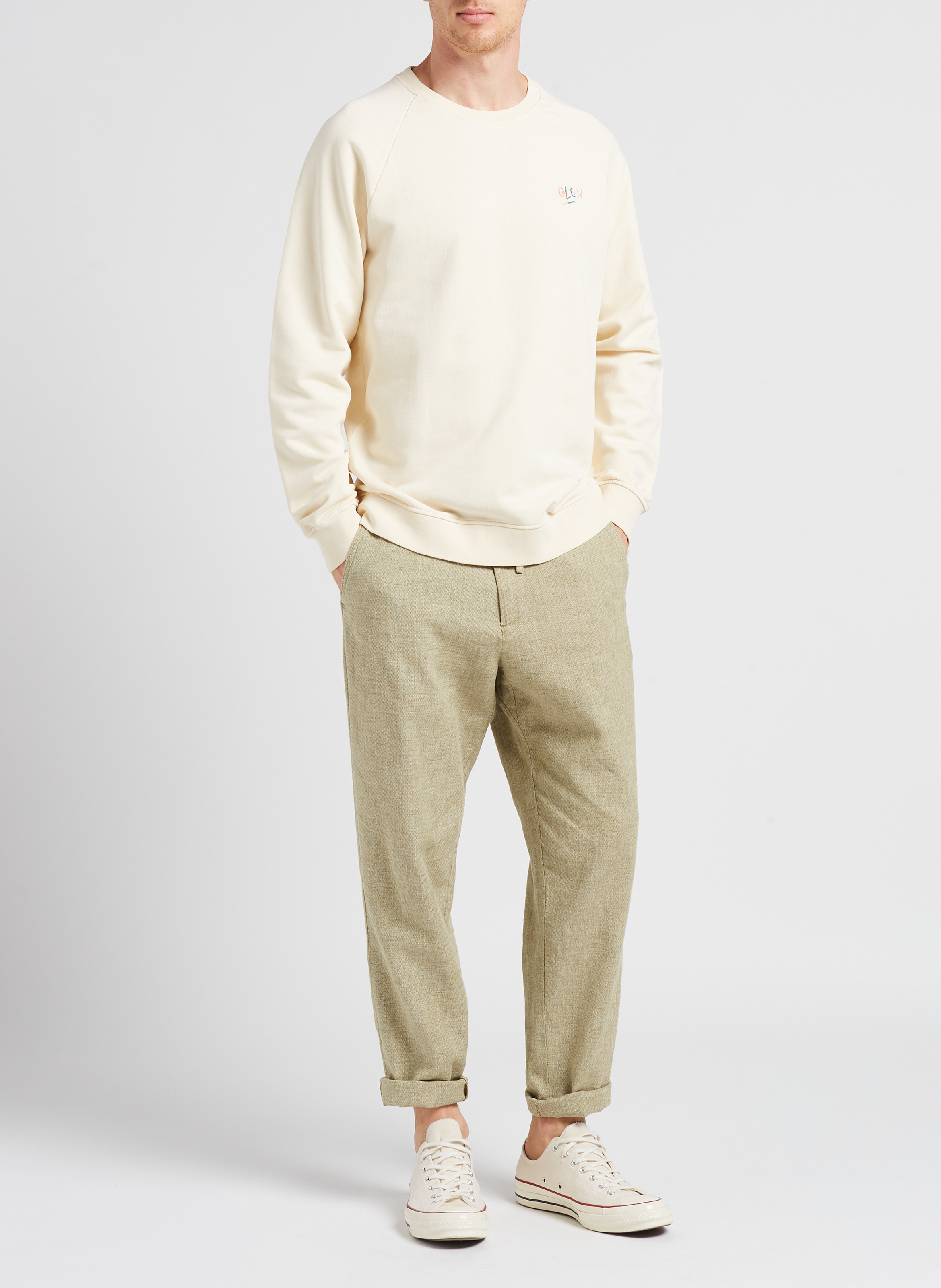 Regular-fit sweater van biokatoen met ronde hals en print OLOW Wit