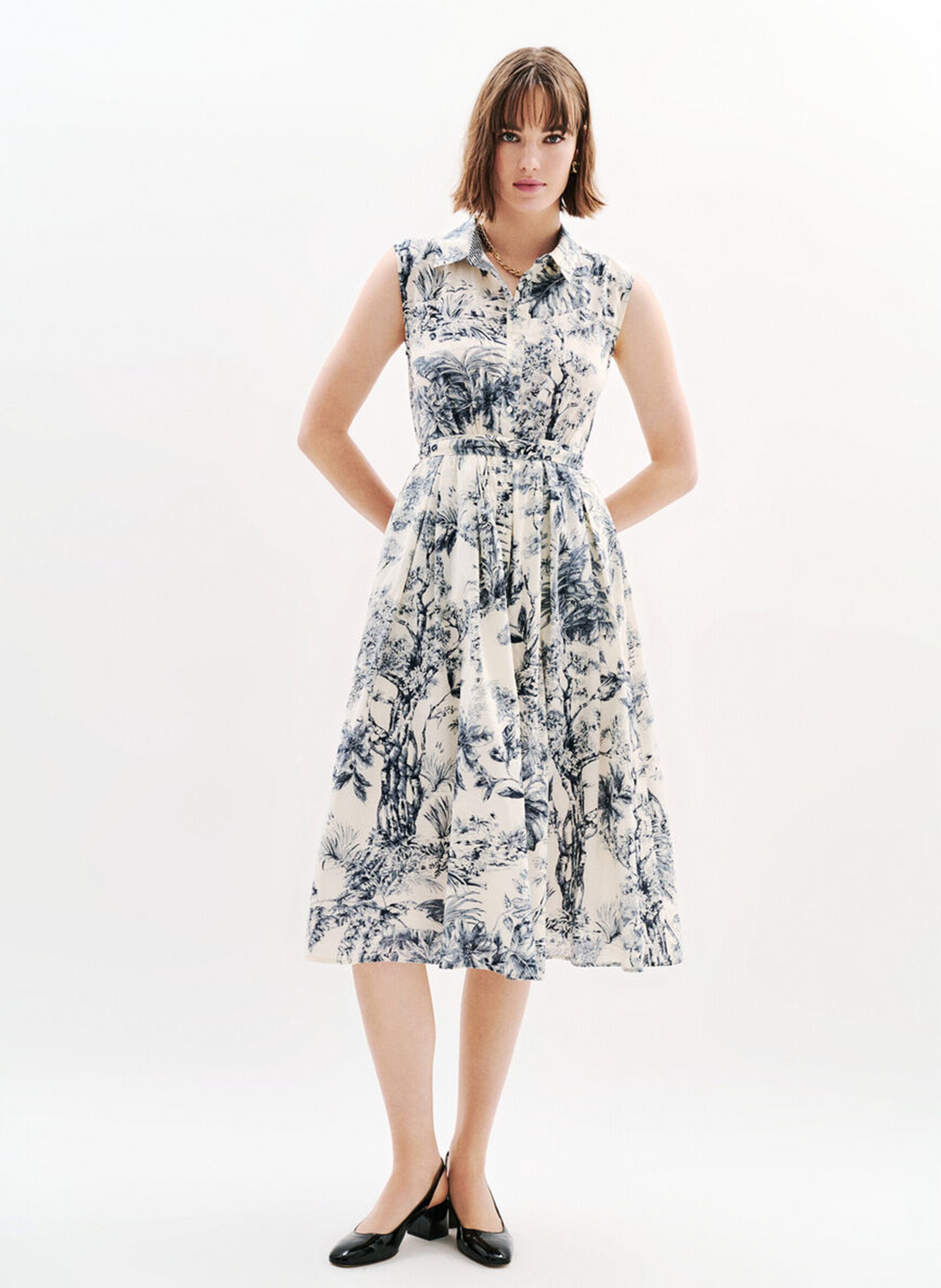 Belted fluid midi dress with patterns CAROLL Blue