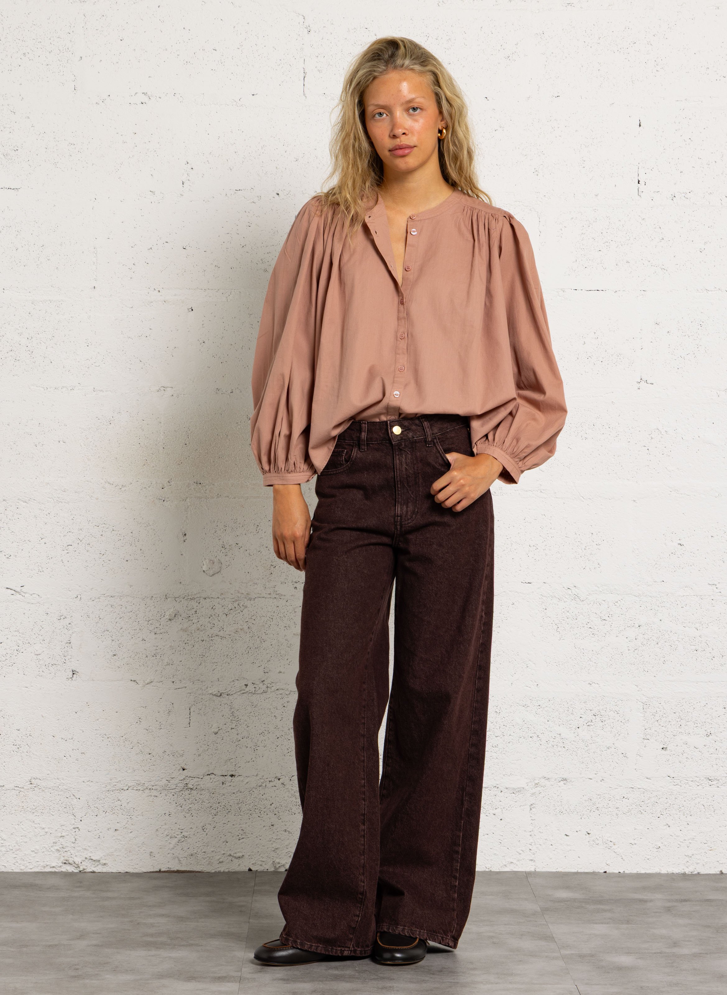 Loose-fit cotton round-neck blouse DES PETITS HAUTS Pink