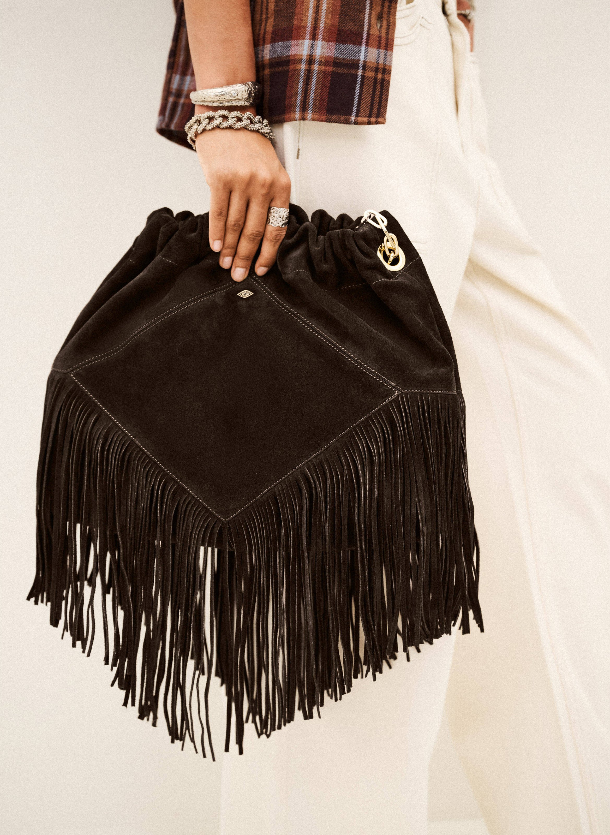 Sac porté épaule à franges en cuir BA&SH Marron