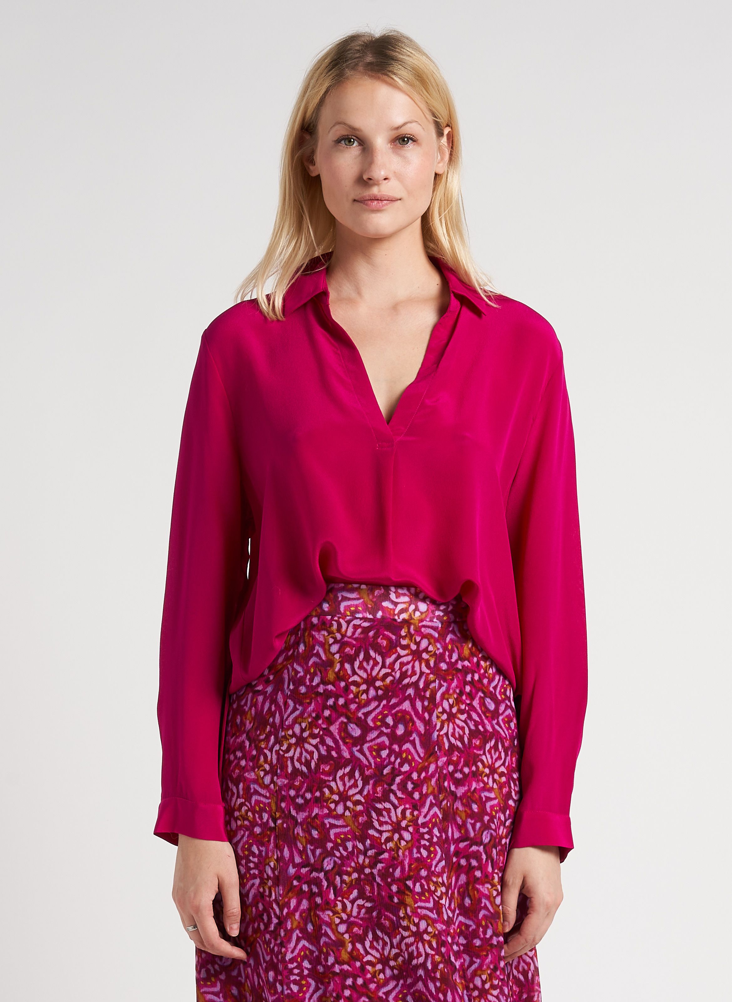 Pink V neck silk blouse