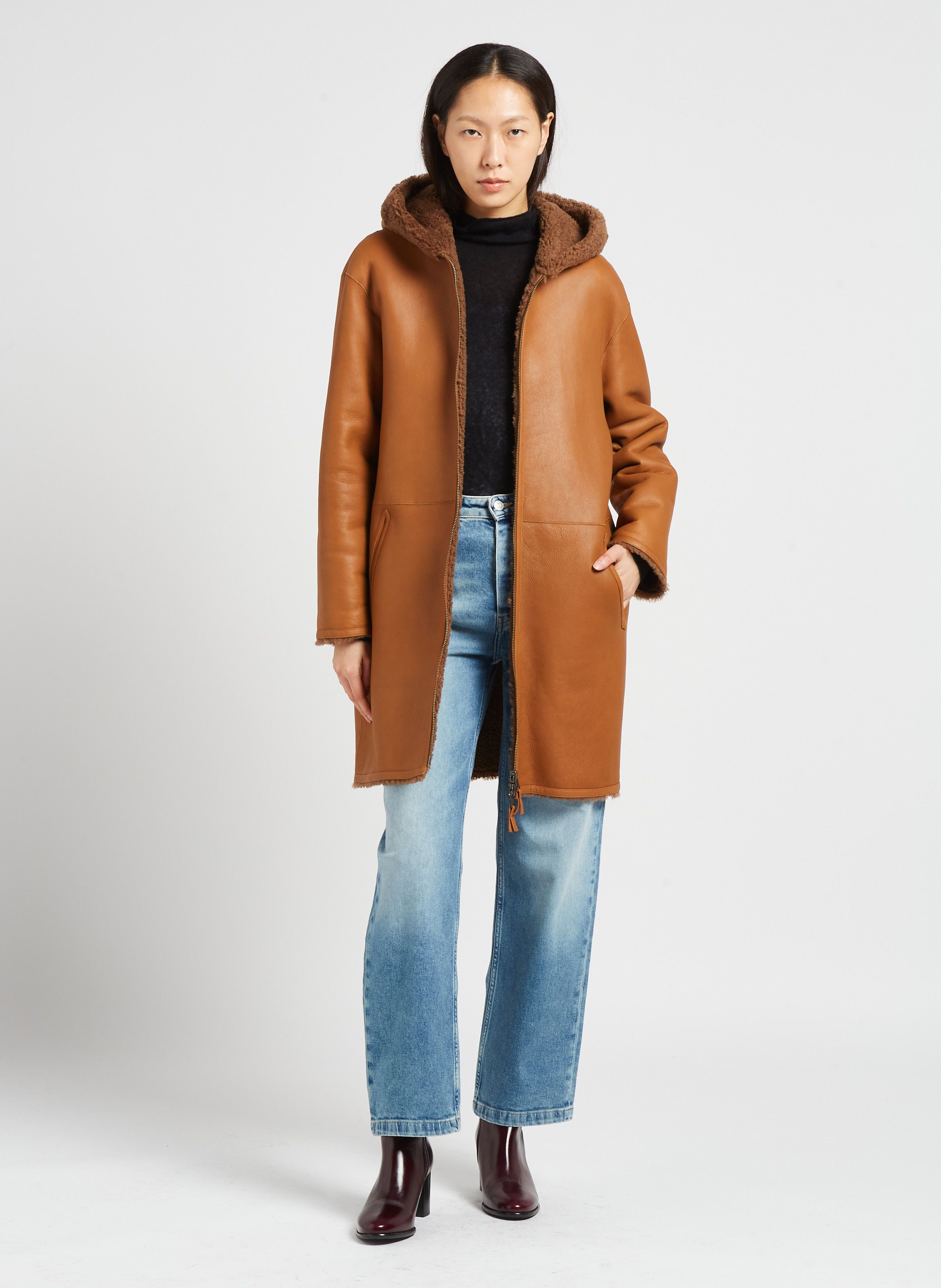 Brown Long round neck sheepskin coat