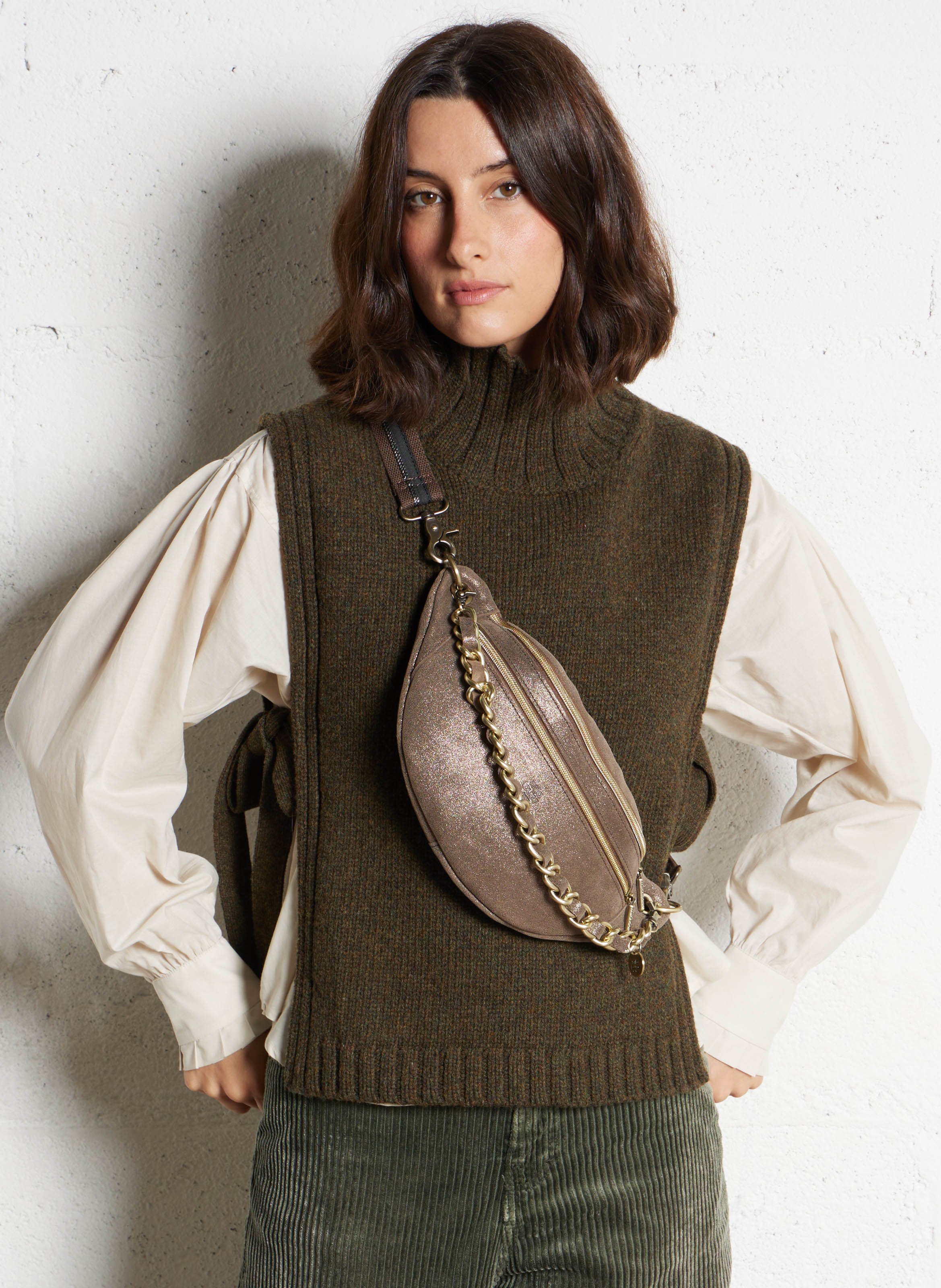 Metallic leather shoulder bag MILA LOUISE Grey