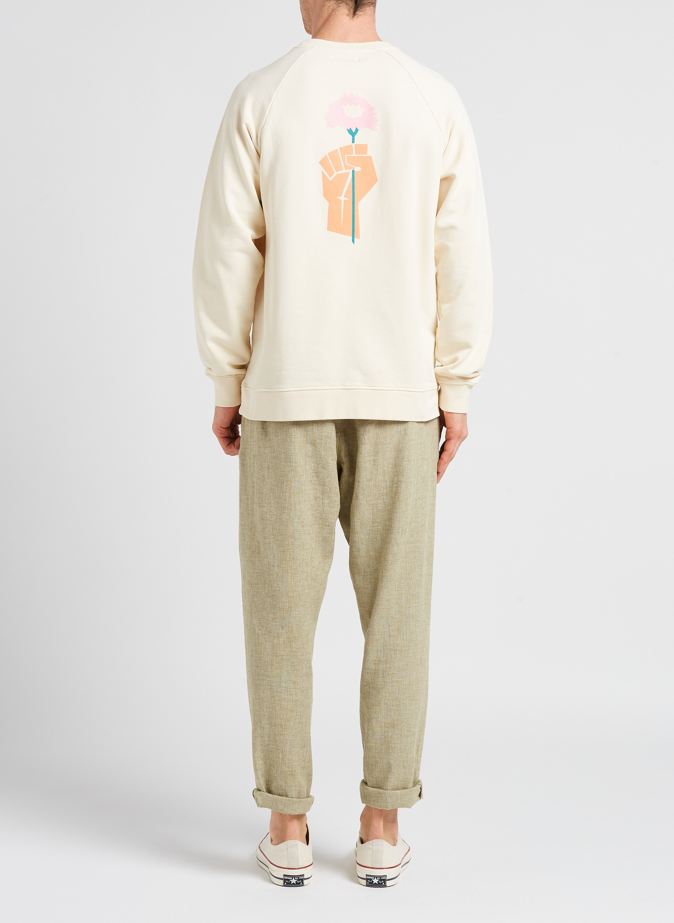 Regular-fit sweater van biokatoen met ronde hals en print OLOW Wit