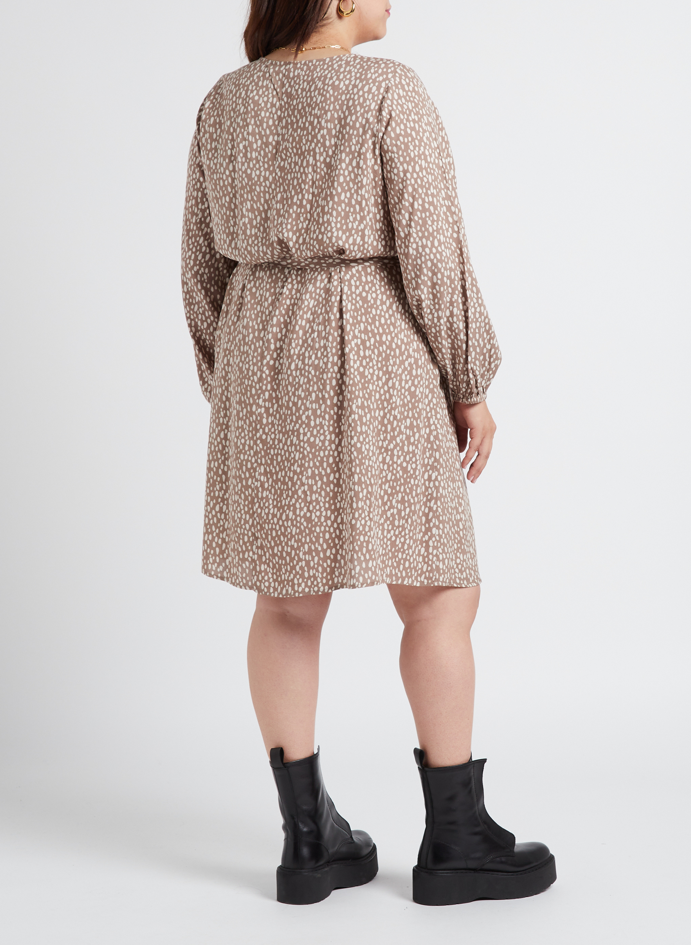 Short printed V-neck dress EVOKED Beige