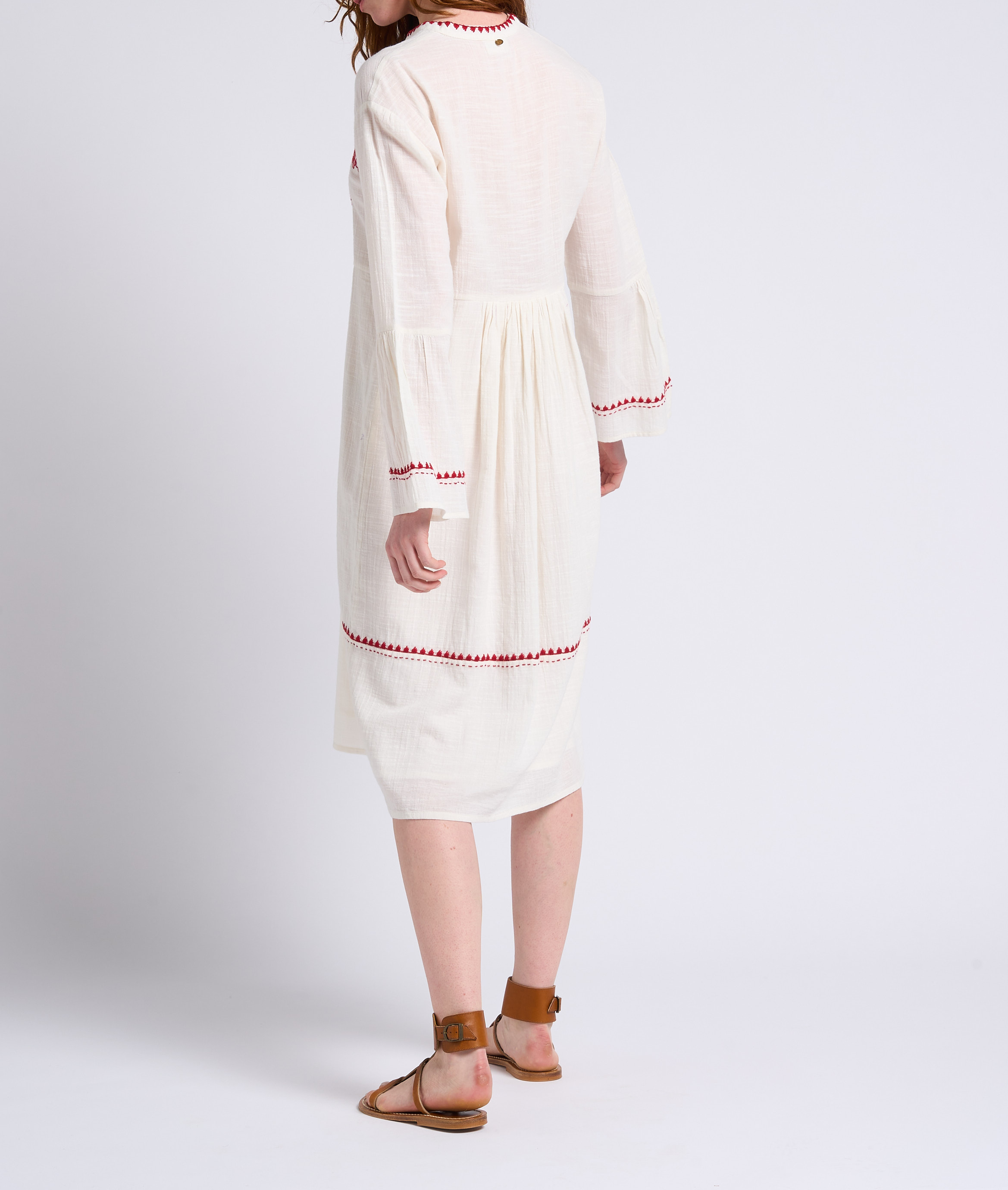 Robe midi ample brodée à col mao en coton ANTIK BATIK Blanc