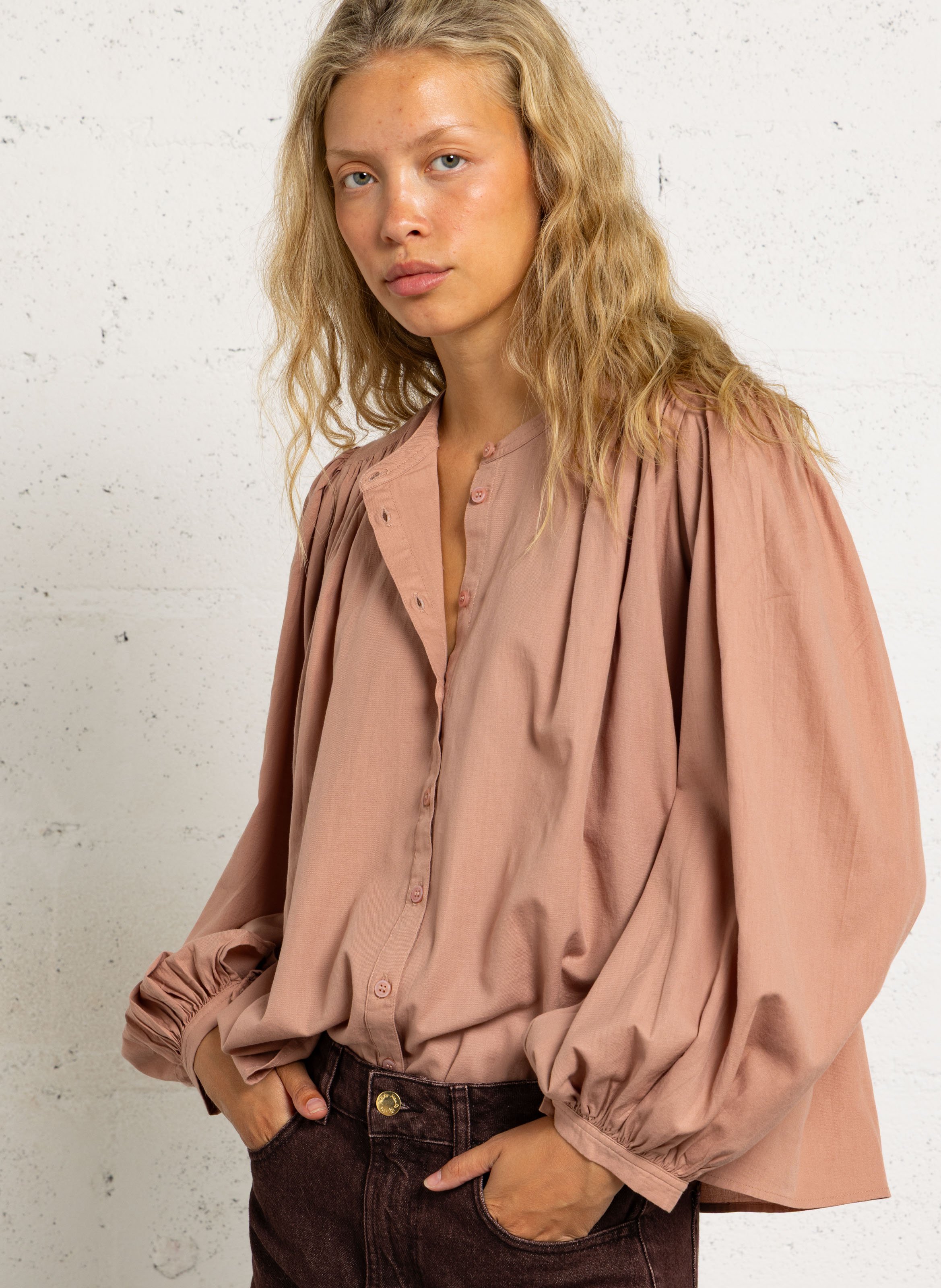 Loose-fit cotton round-neck blouse DES PETITS HAUTS Pink