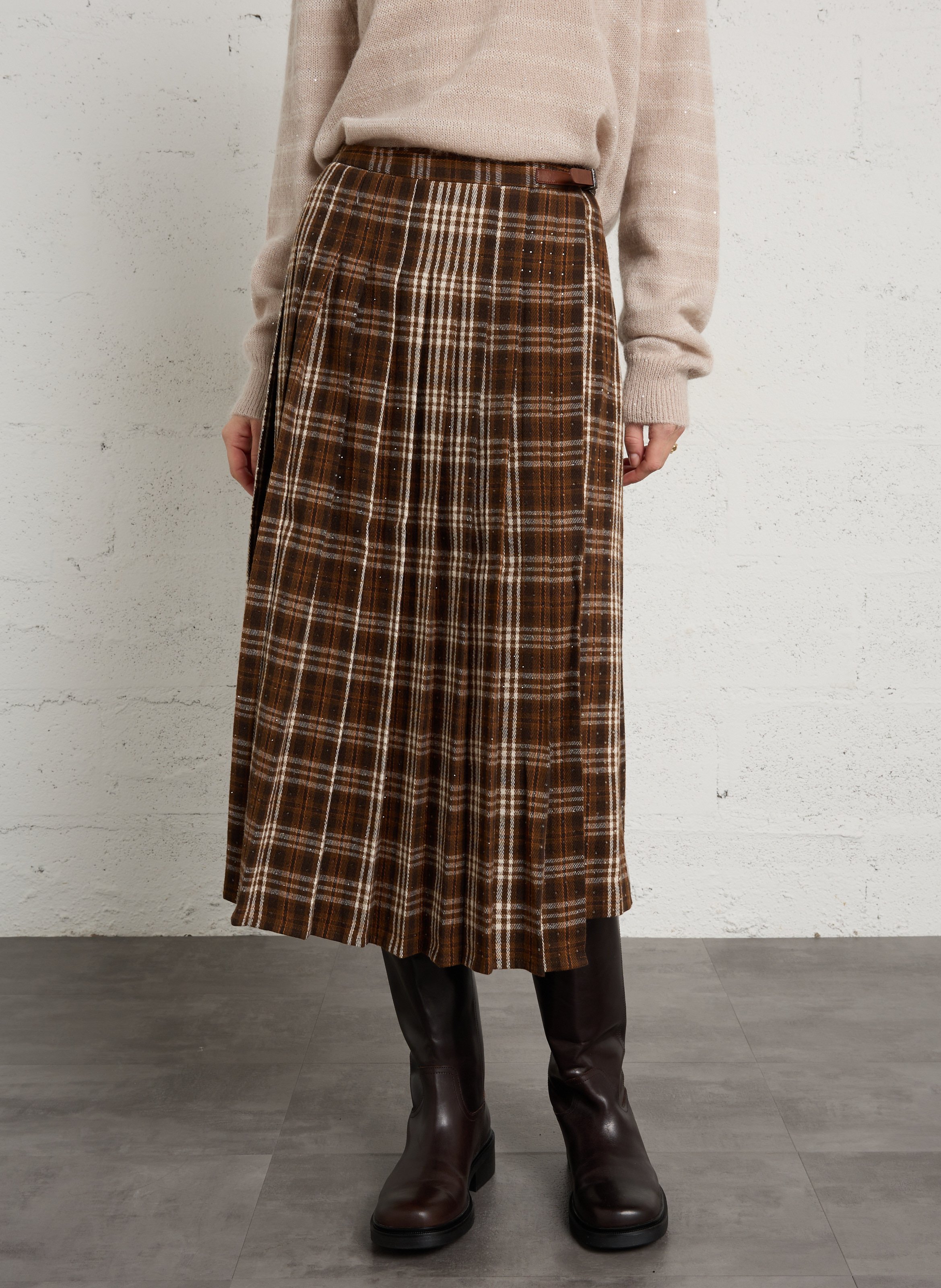Ausgestellter Midirock aus Baumwolle mit Tartanmuster BERENICE Braun