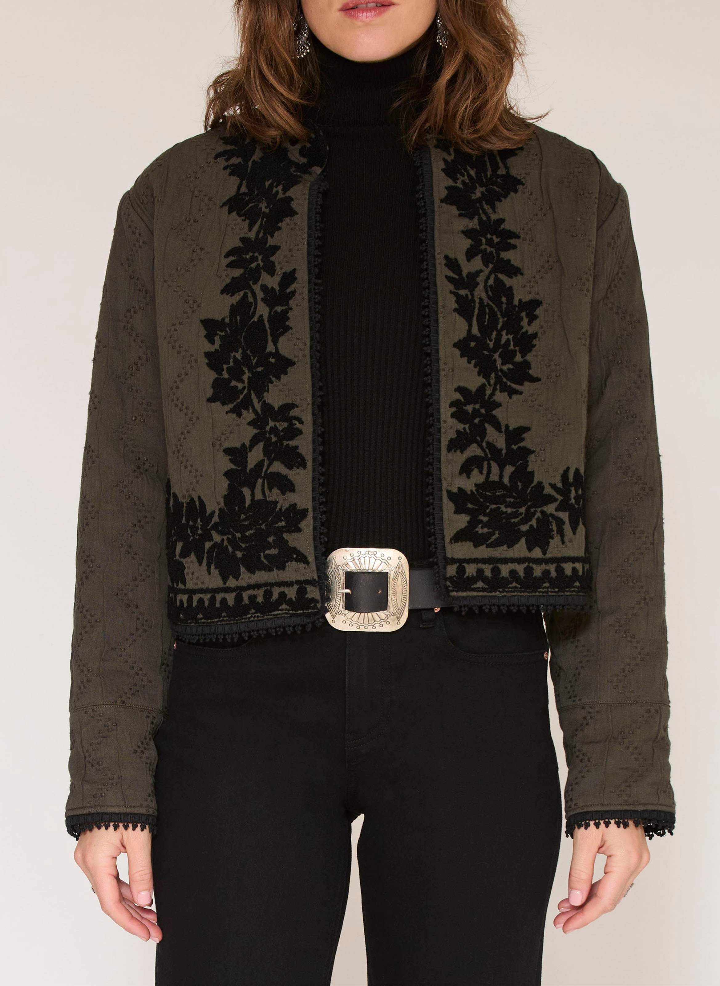 Short straight embroidered cotton jacket MKT Khaki