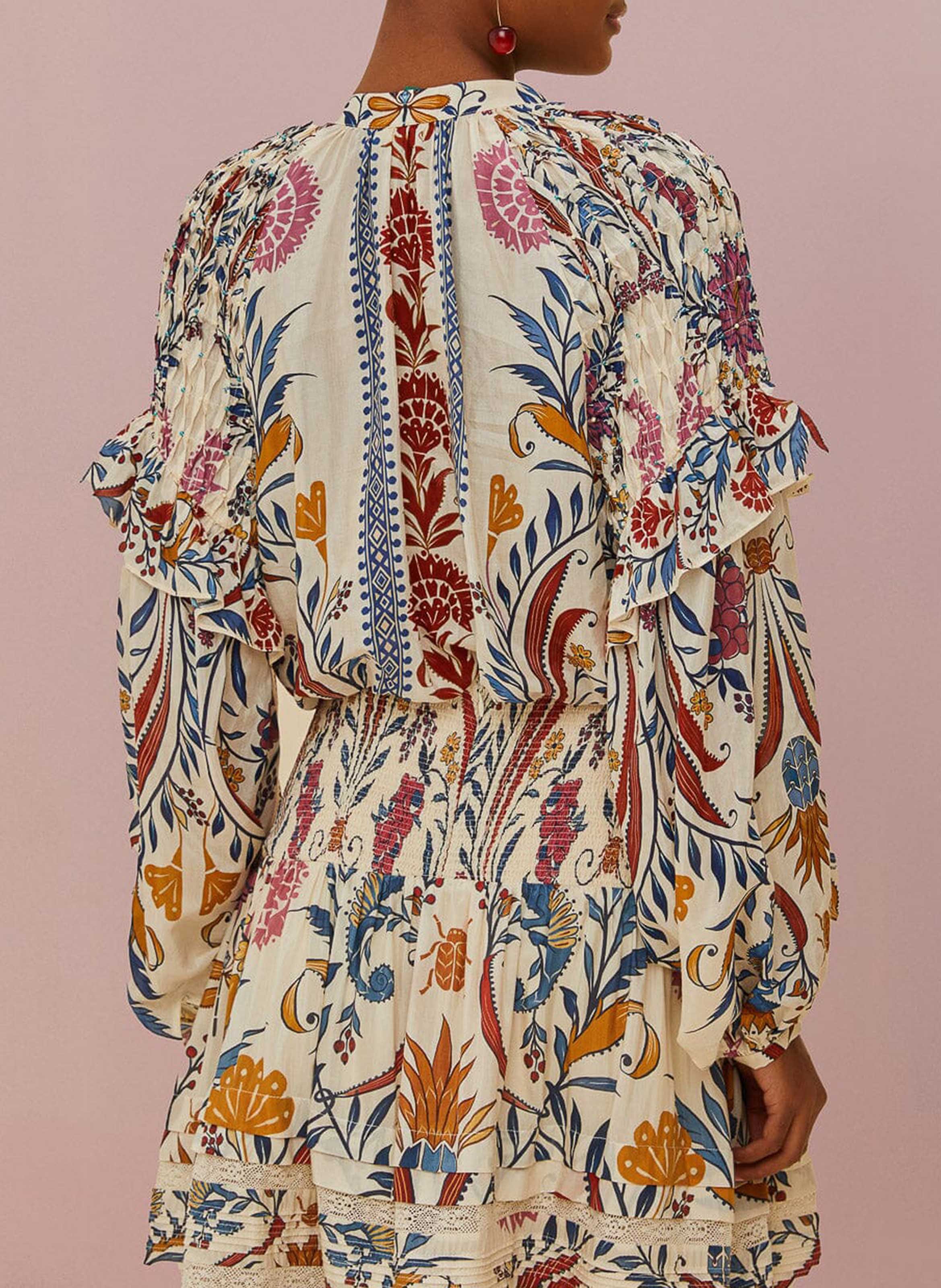 Printed tunic collar blouse in blended cotton FARM RIO Beige