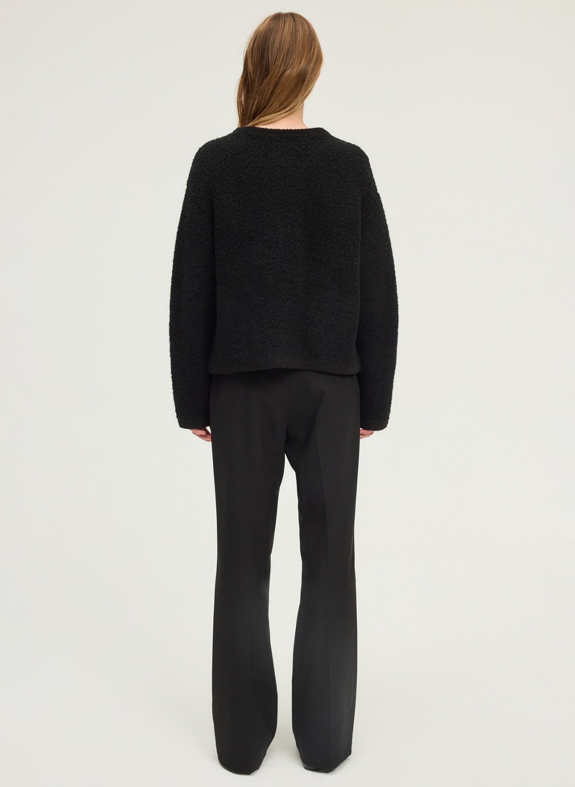 Straight round-neck mixed knit cardigan PABLO Black
