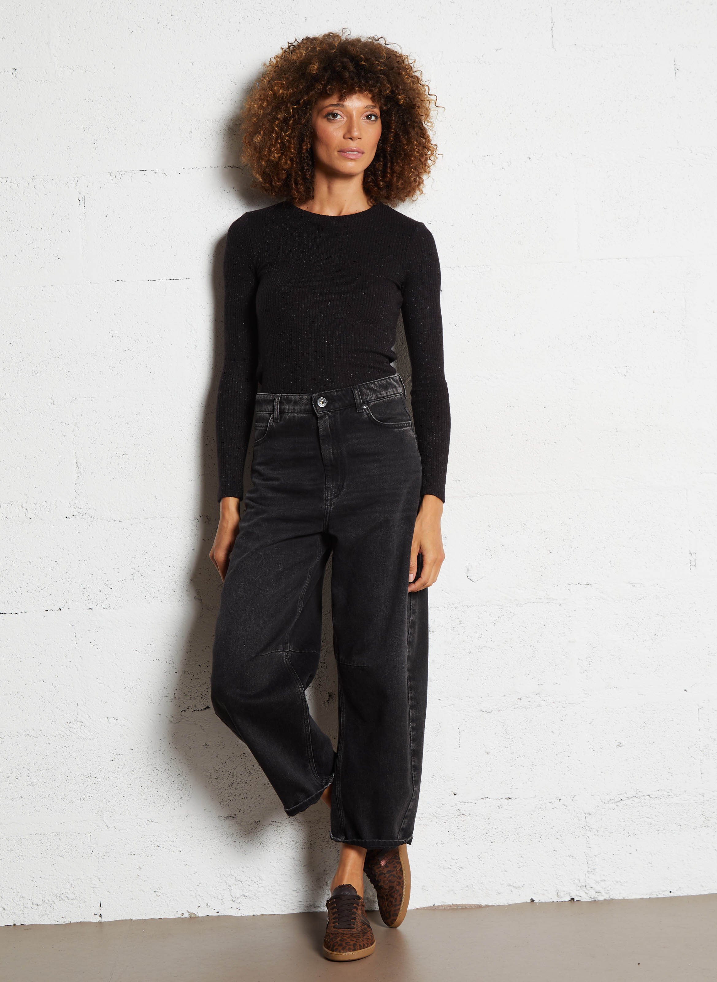 Tee-shirt droit col rond métallisé I CODE Noir