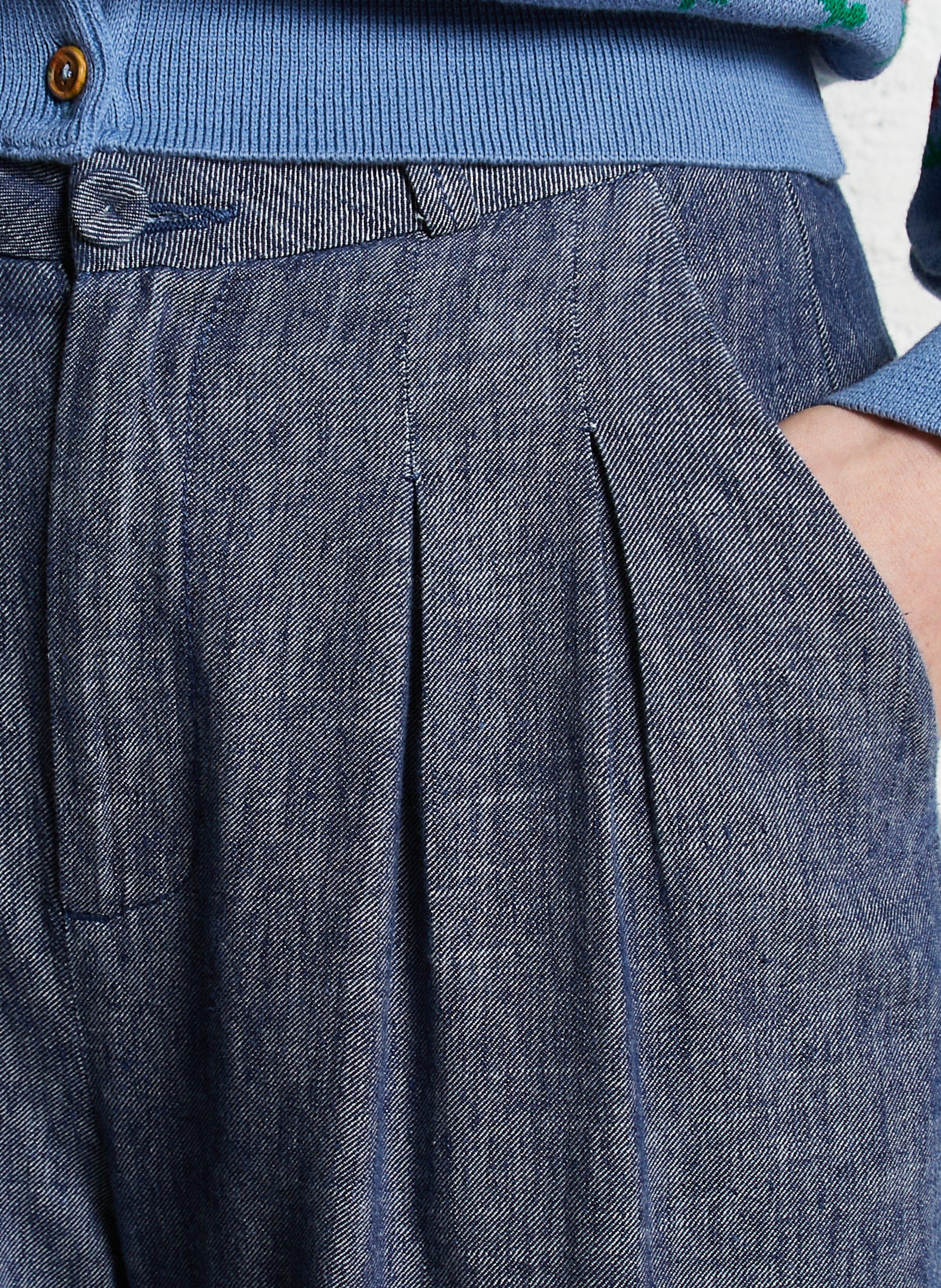 Pantalon large en coton mélangé Bleu