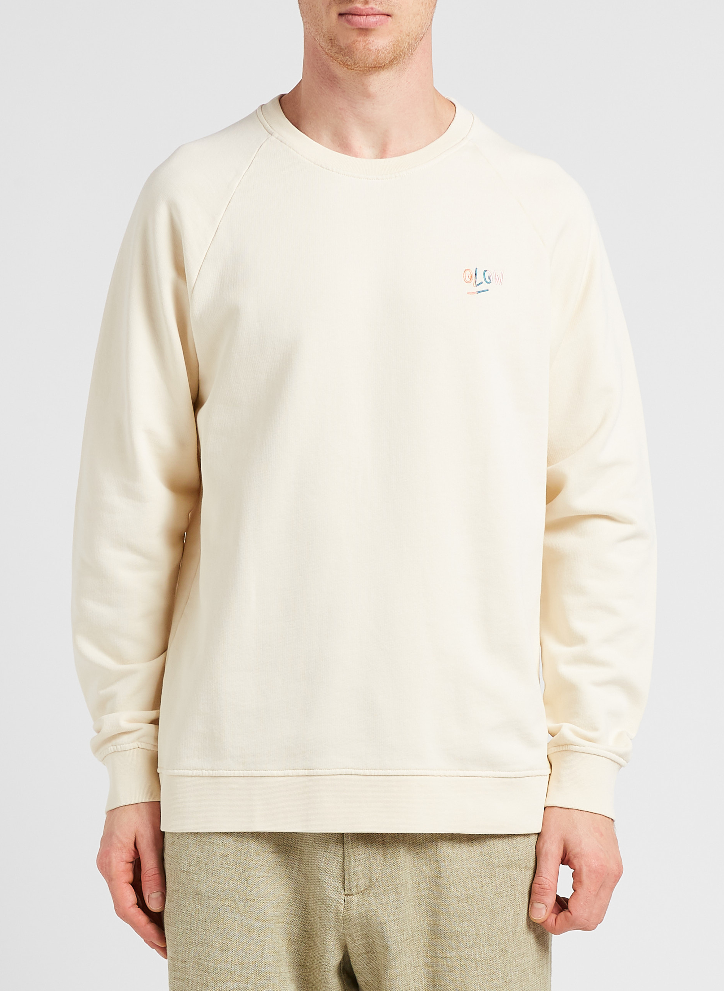 Regular-fit sweater van biokatoen met ronde hals en print OLOW Wit