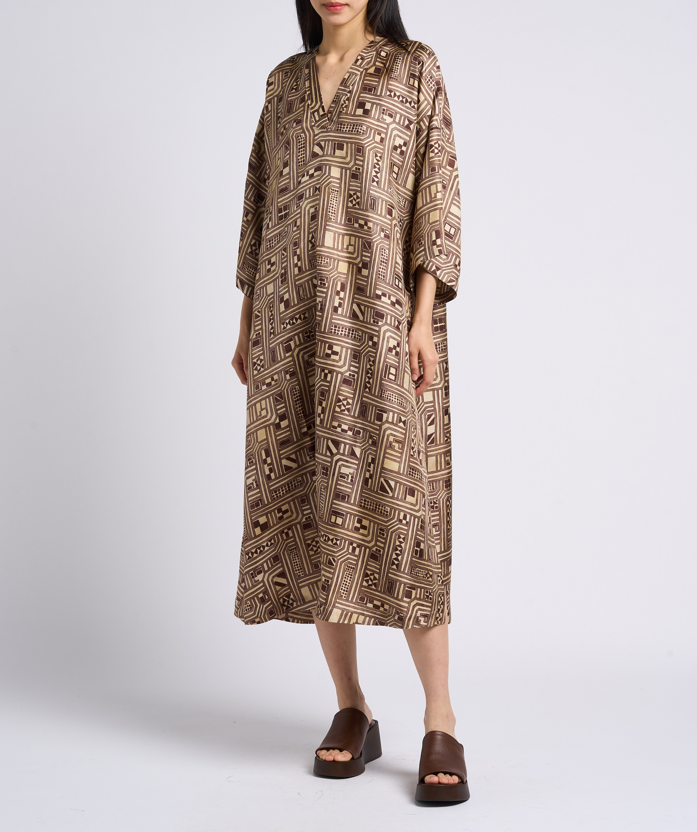 Printed silk V-neck midi dress MOMONI Beige