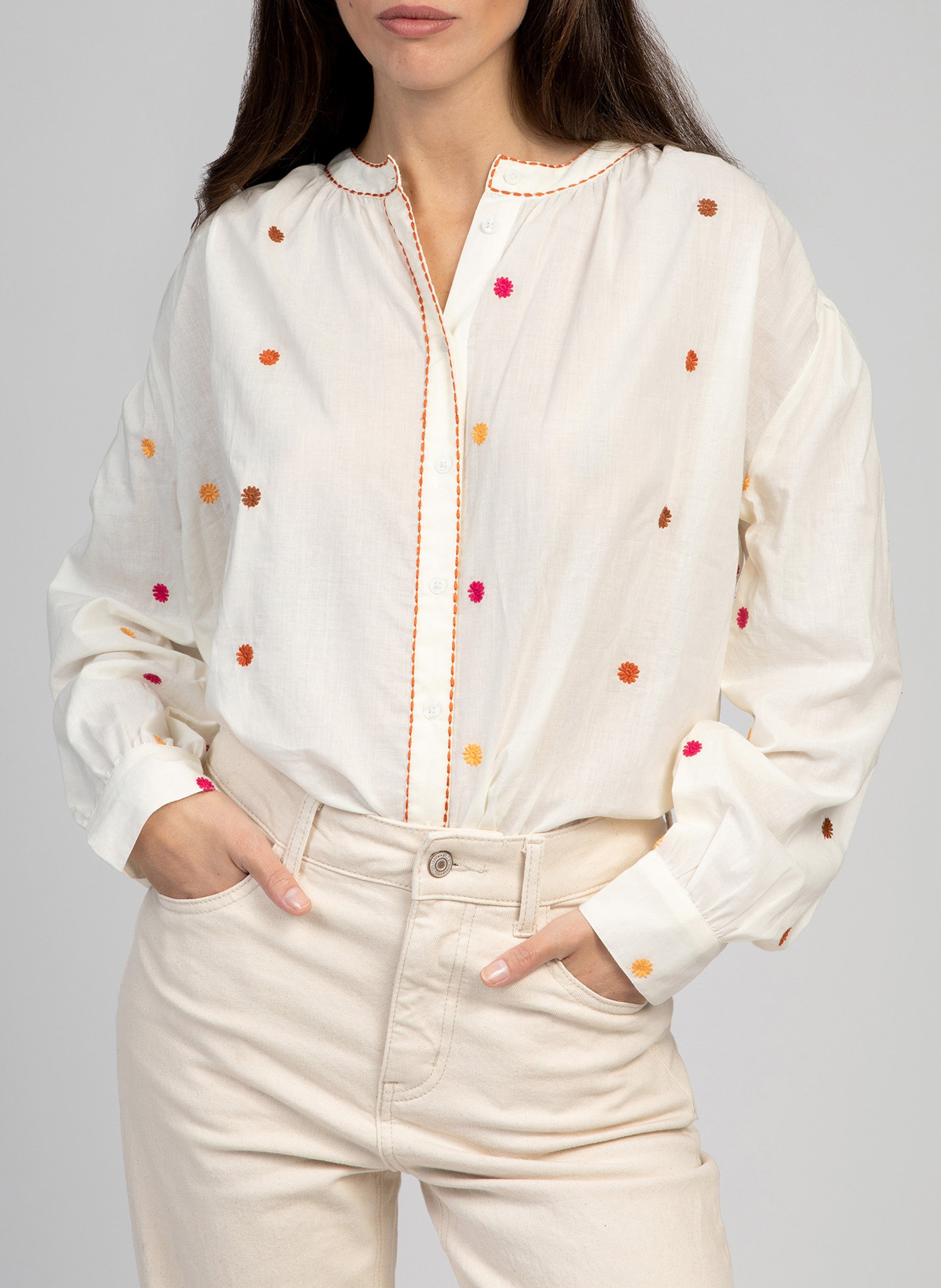 Gerade geschnittene Baumwollbluse mit Stickerei AN'GE Beige