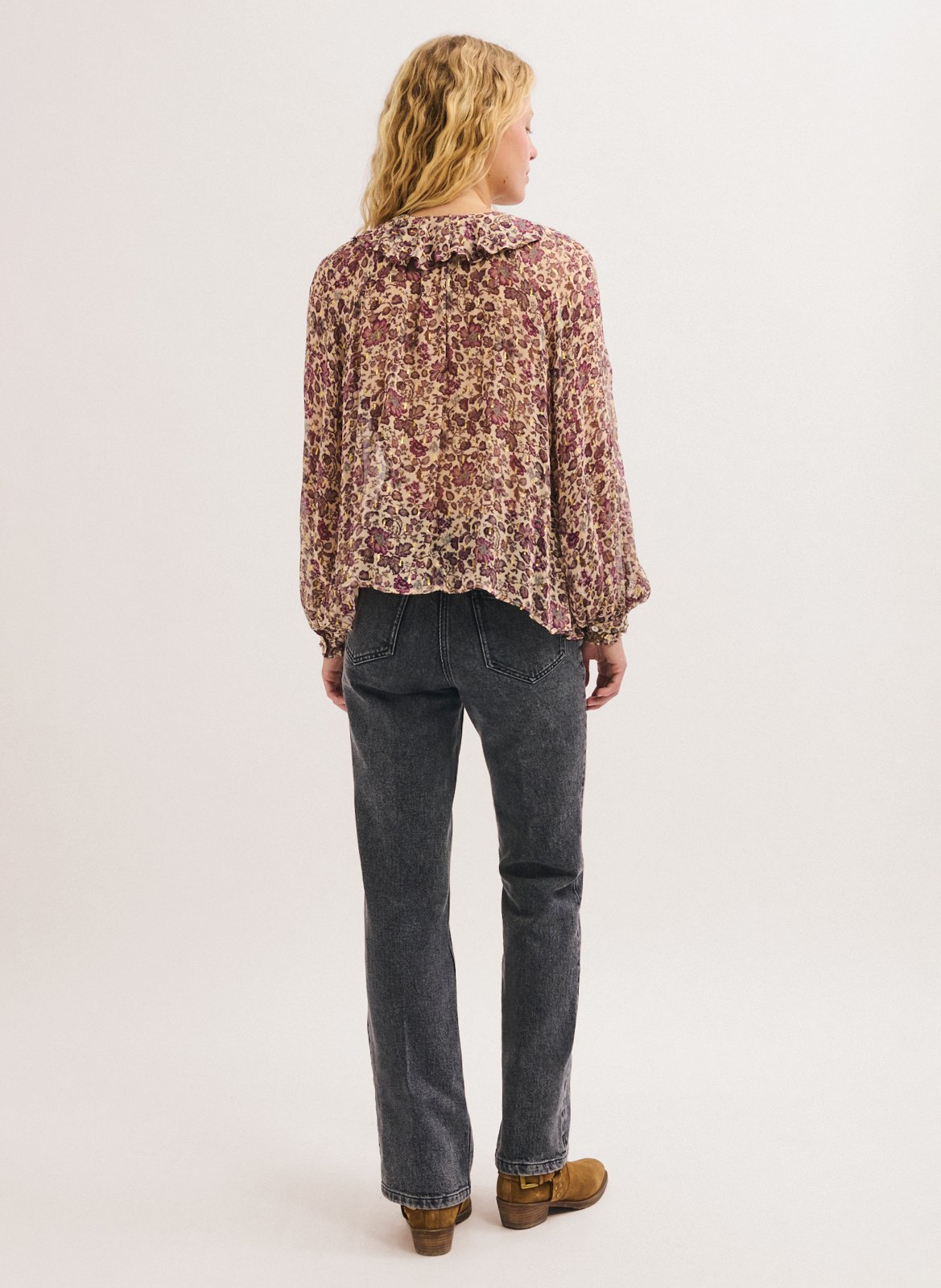 Straight-cut printed V-neck blouse PABLO Beige