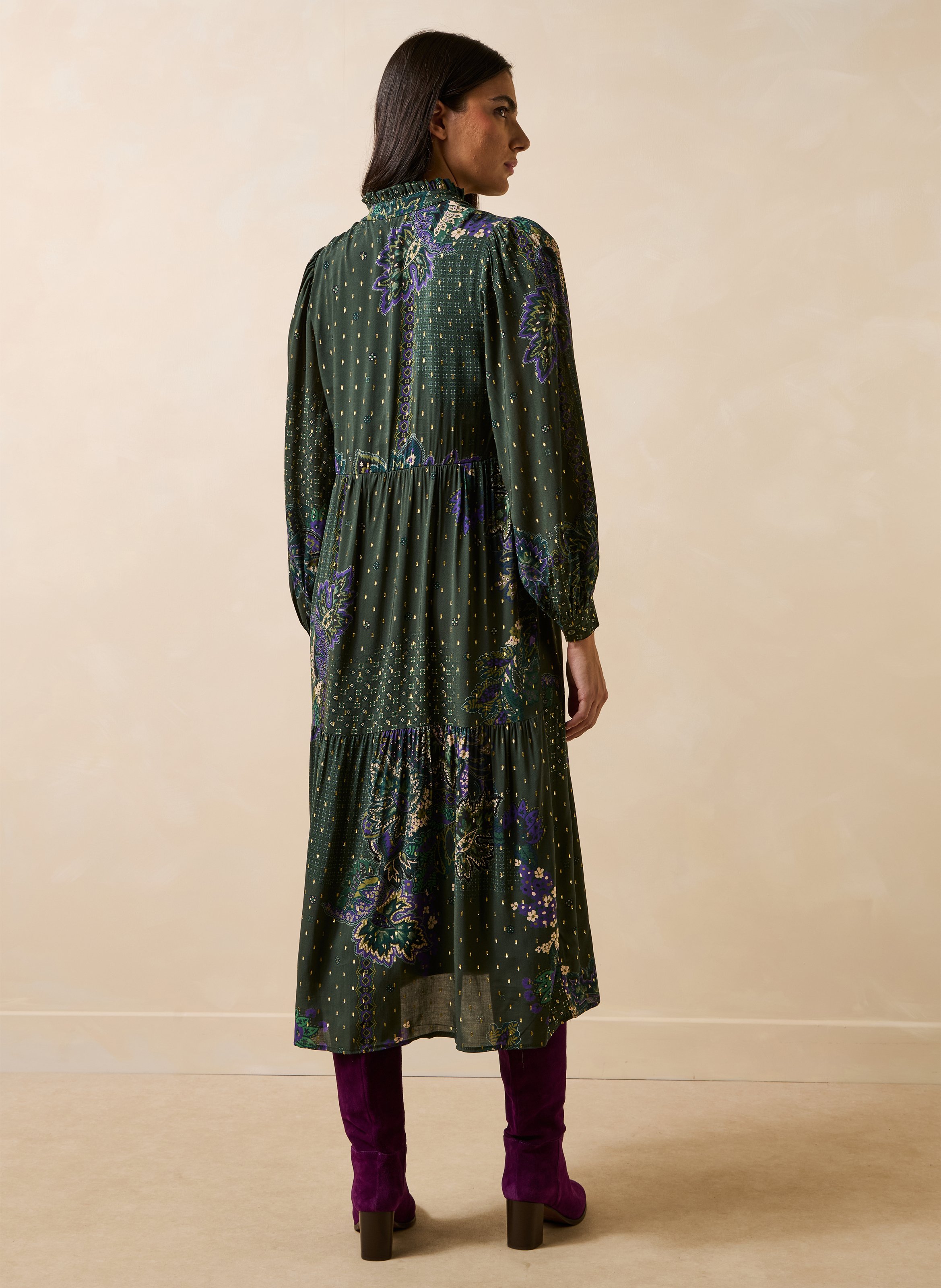 Loose dress with Tunisian collar in print LA FEE MARABOUTEE Green