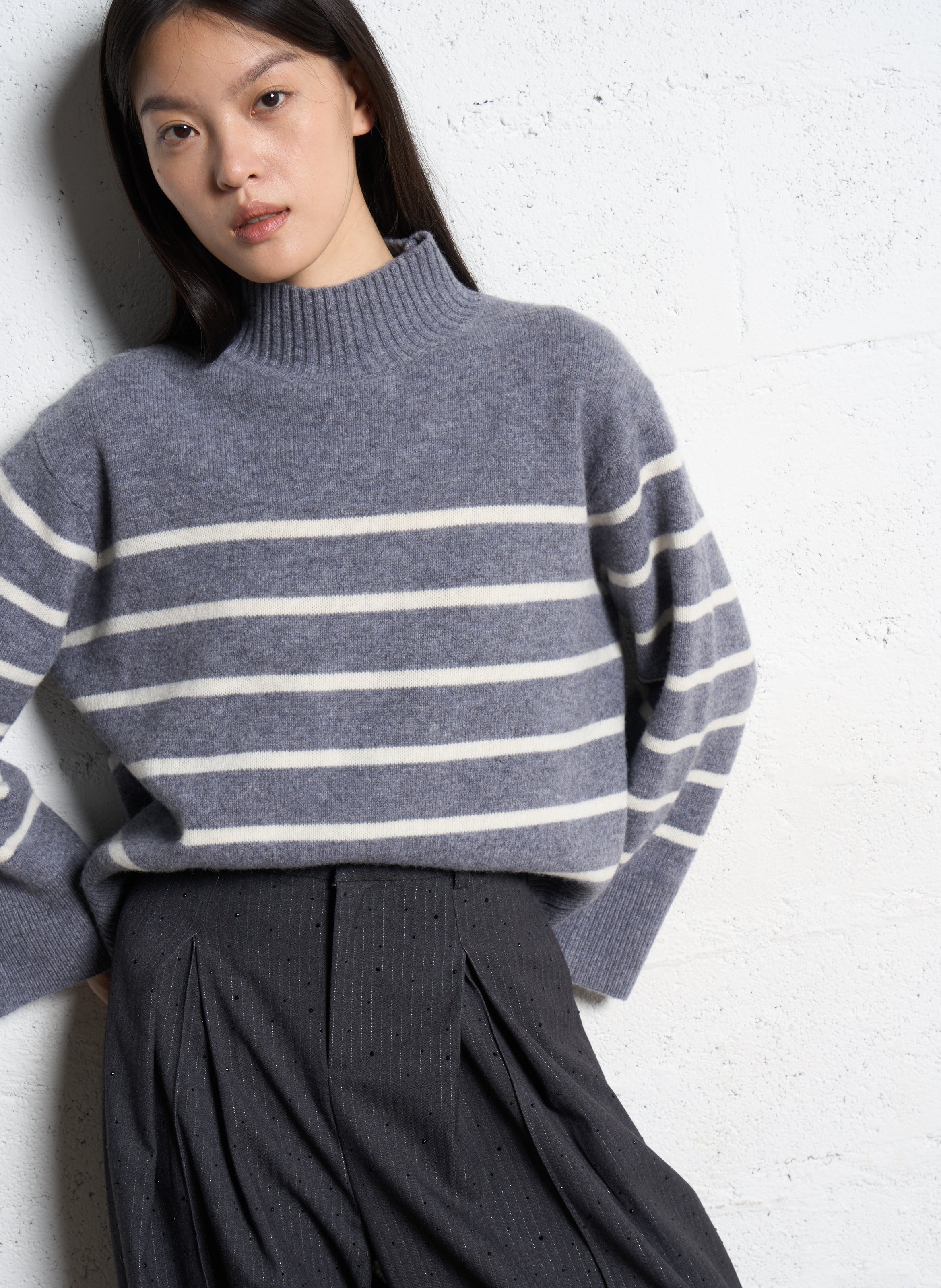 Pull ample col montant rayé en laine SUNCOO Gris