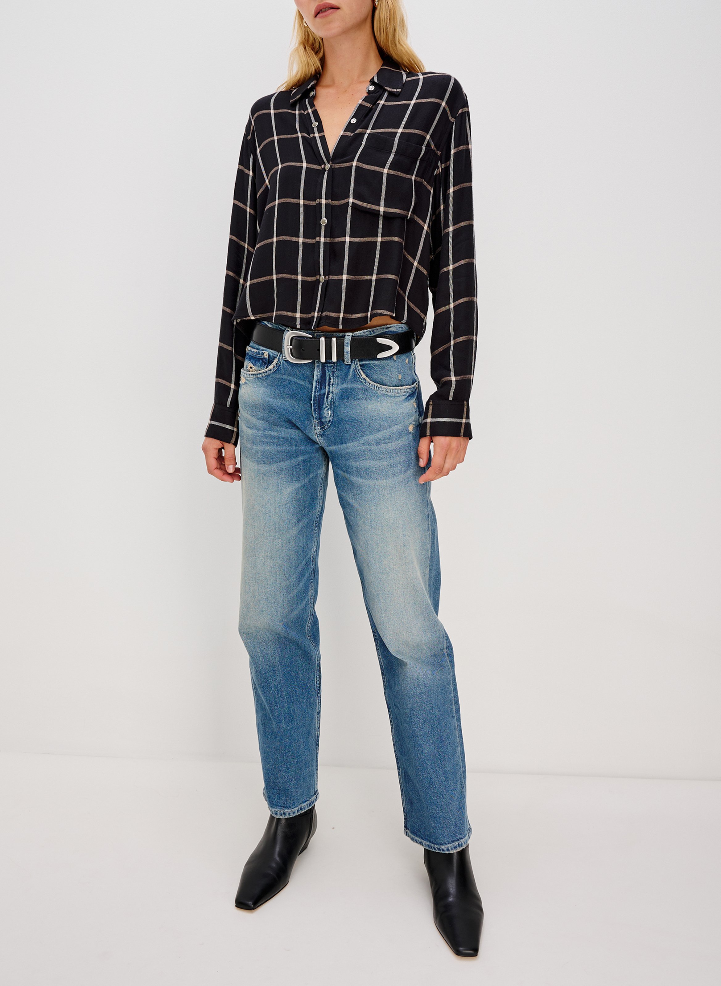 Chemise courte fluide à carreaux RAILS Noir