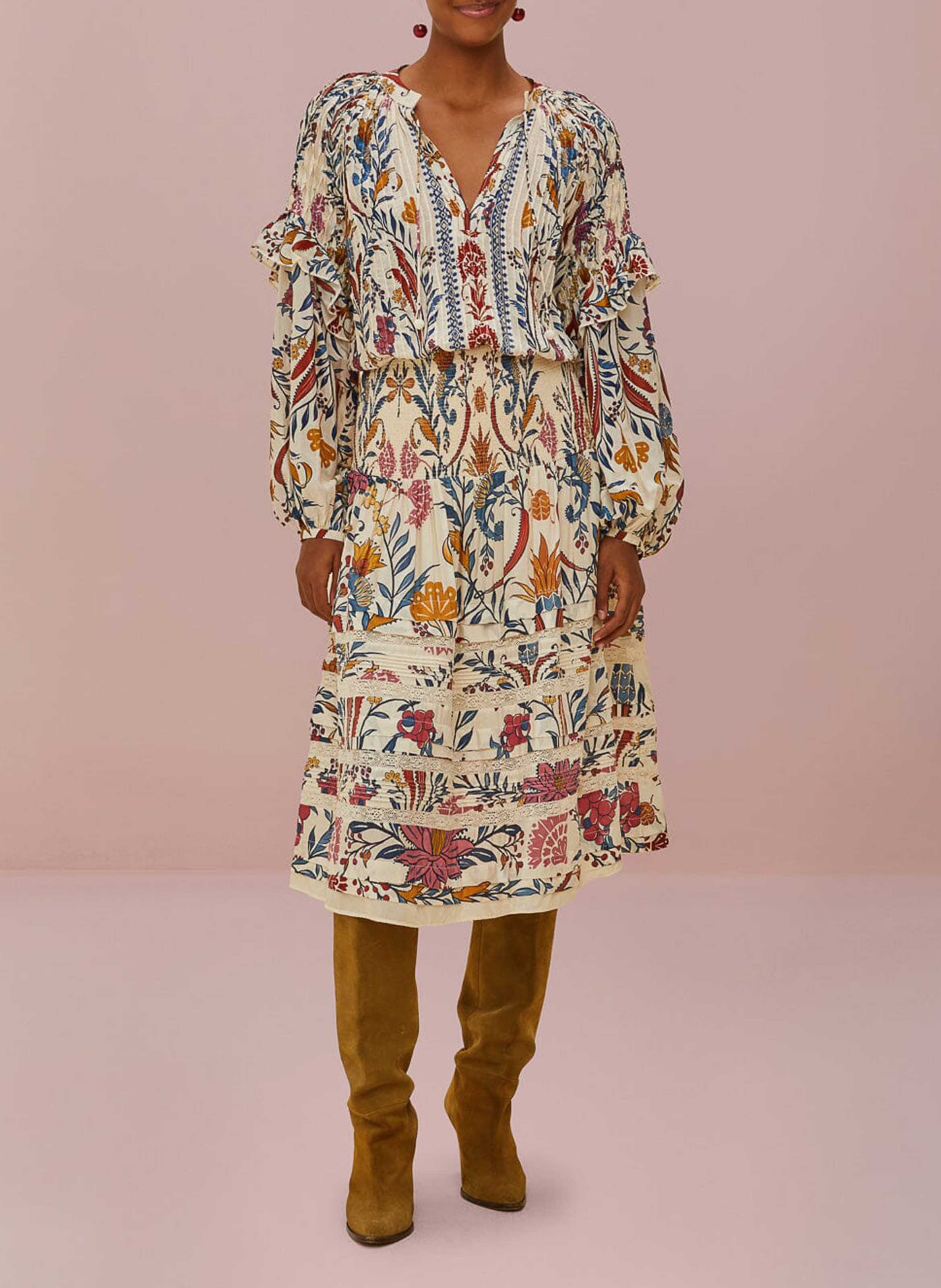 Printed tunic collar blouse in blended cotton FARM RIO Beige