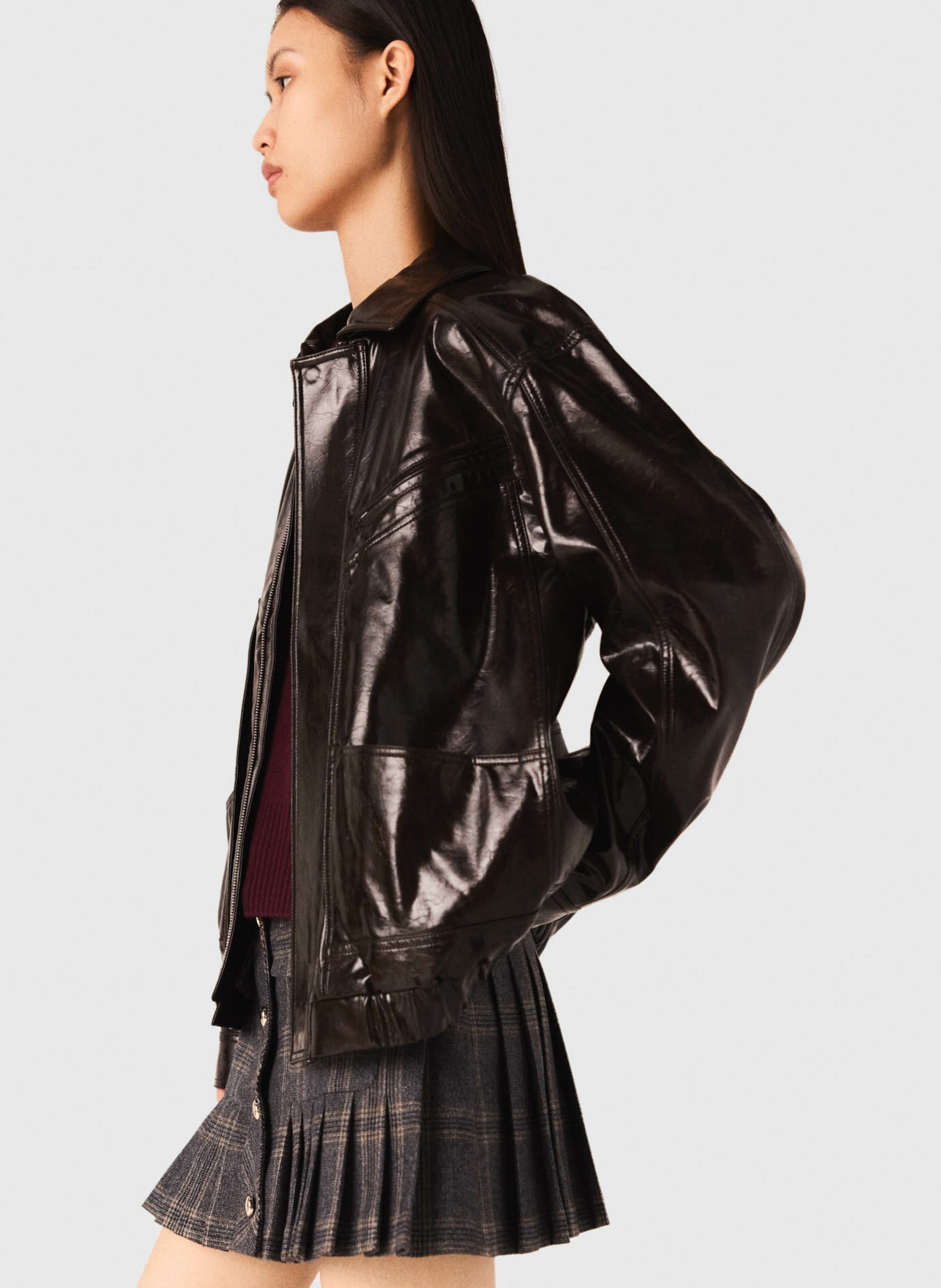 Straight patent leather jacket with cutouts MAJE Brown