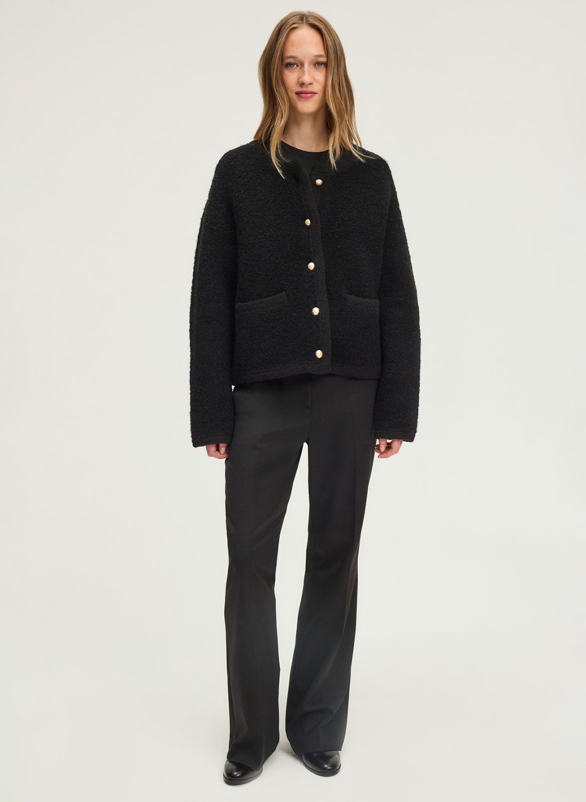 Straight round-neck mixed knit cardigan PABLO Black