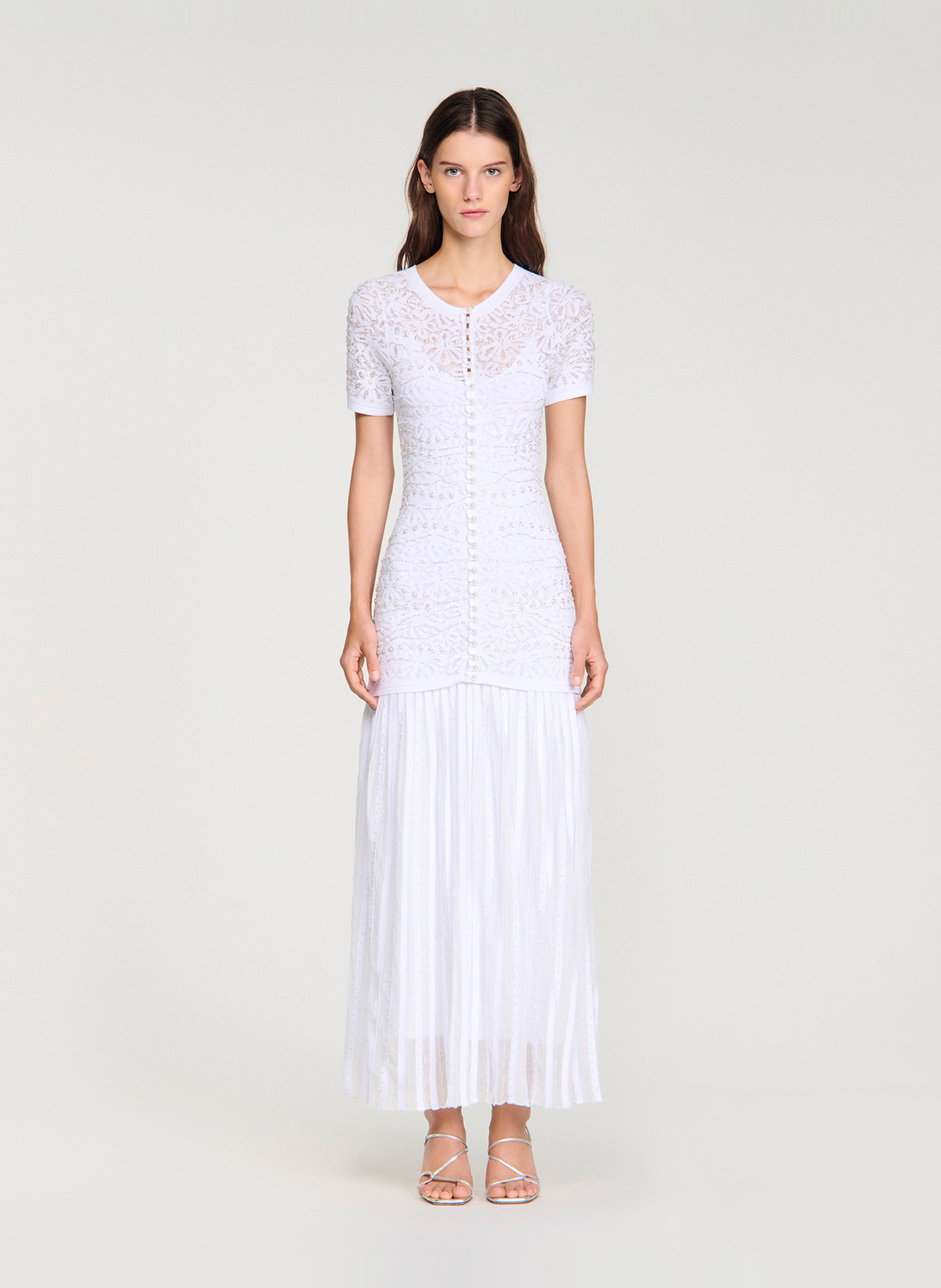 Robe longue col rond en dentelle SANDRO Blanc