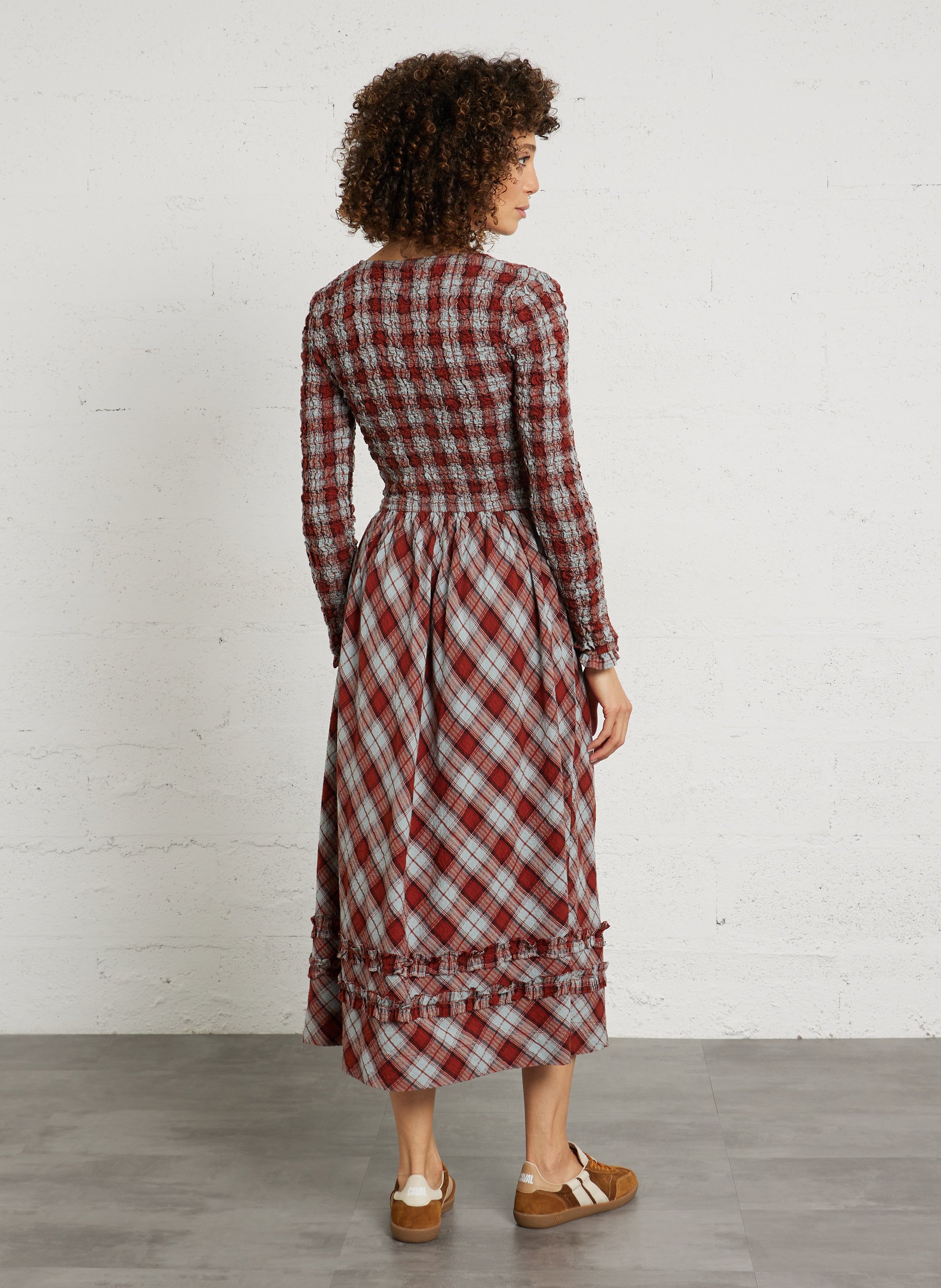 Robe midi col rond à carreaux en coton bio DAMSON MADDER Bleu