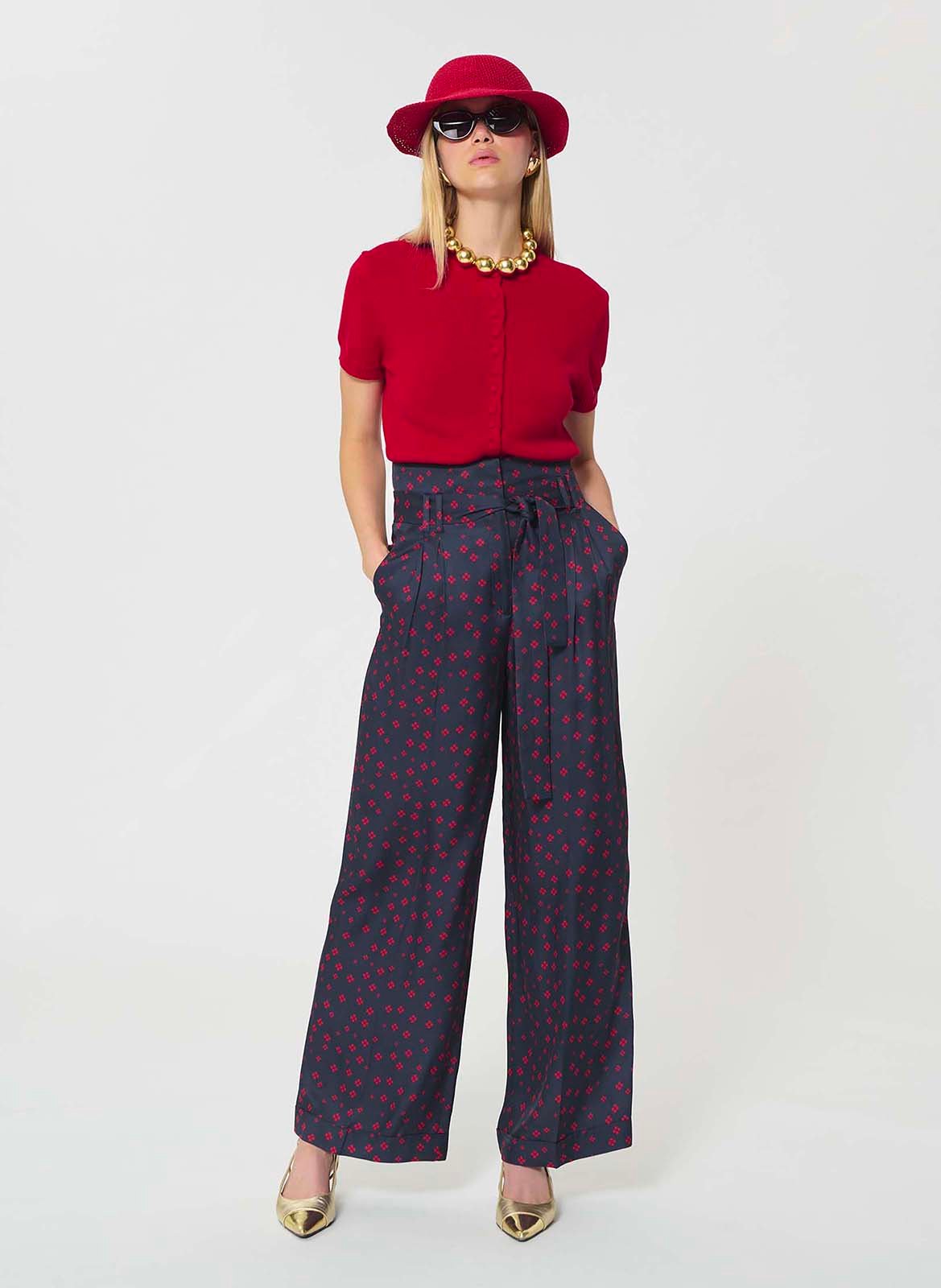 Pantalon taille haute ceinturé à motifs TARA JARMON Bleu