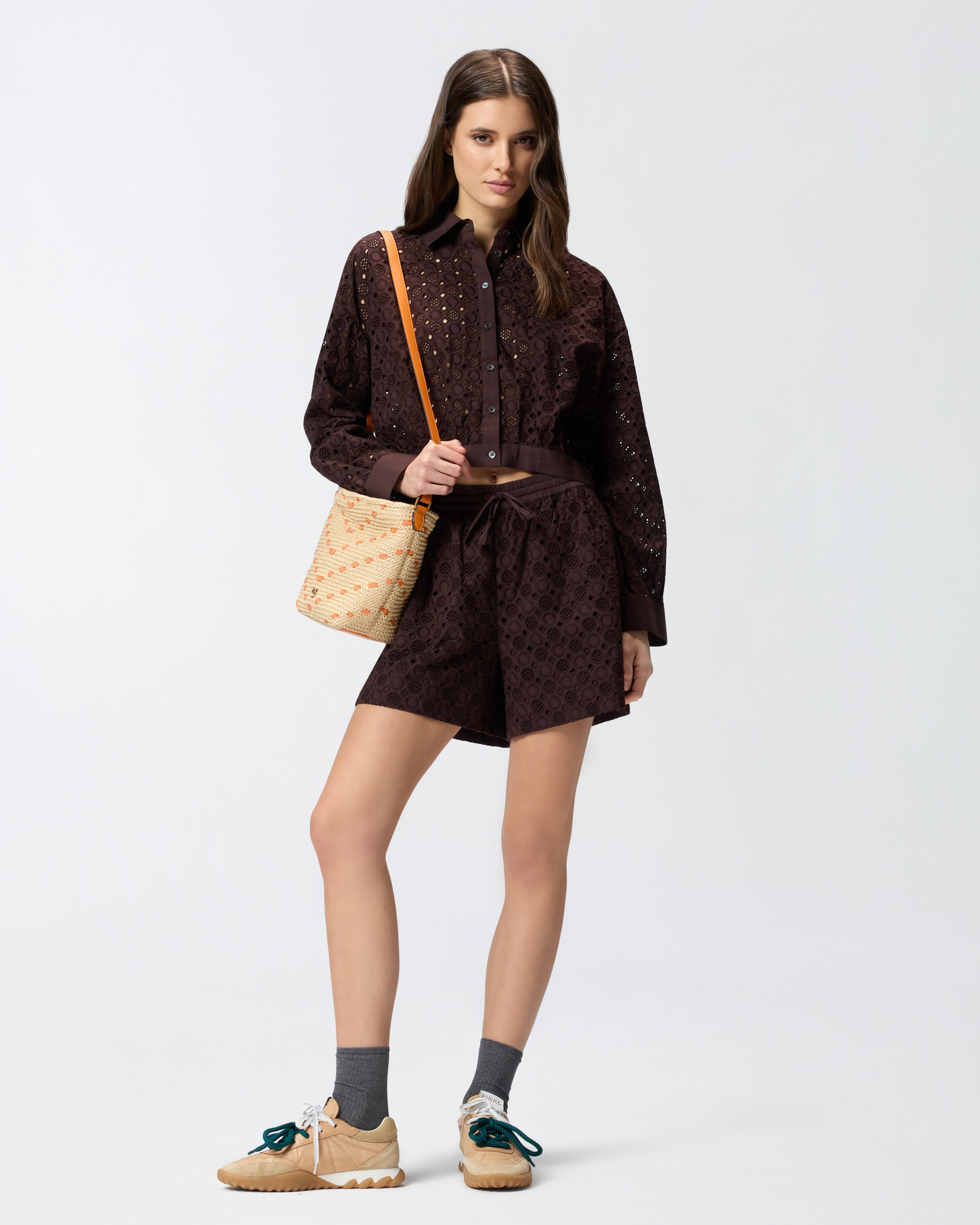 Chemise cropped avec broderie anglaise PINKO Marron