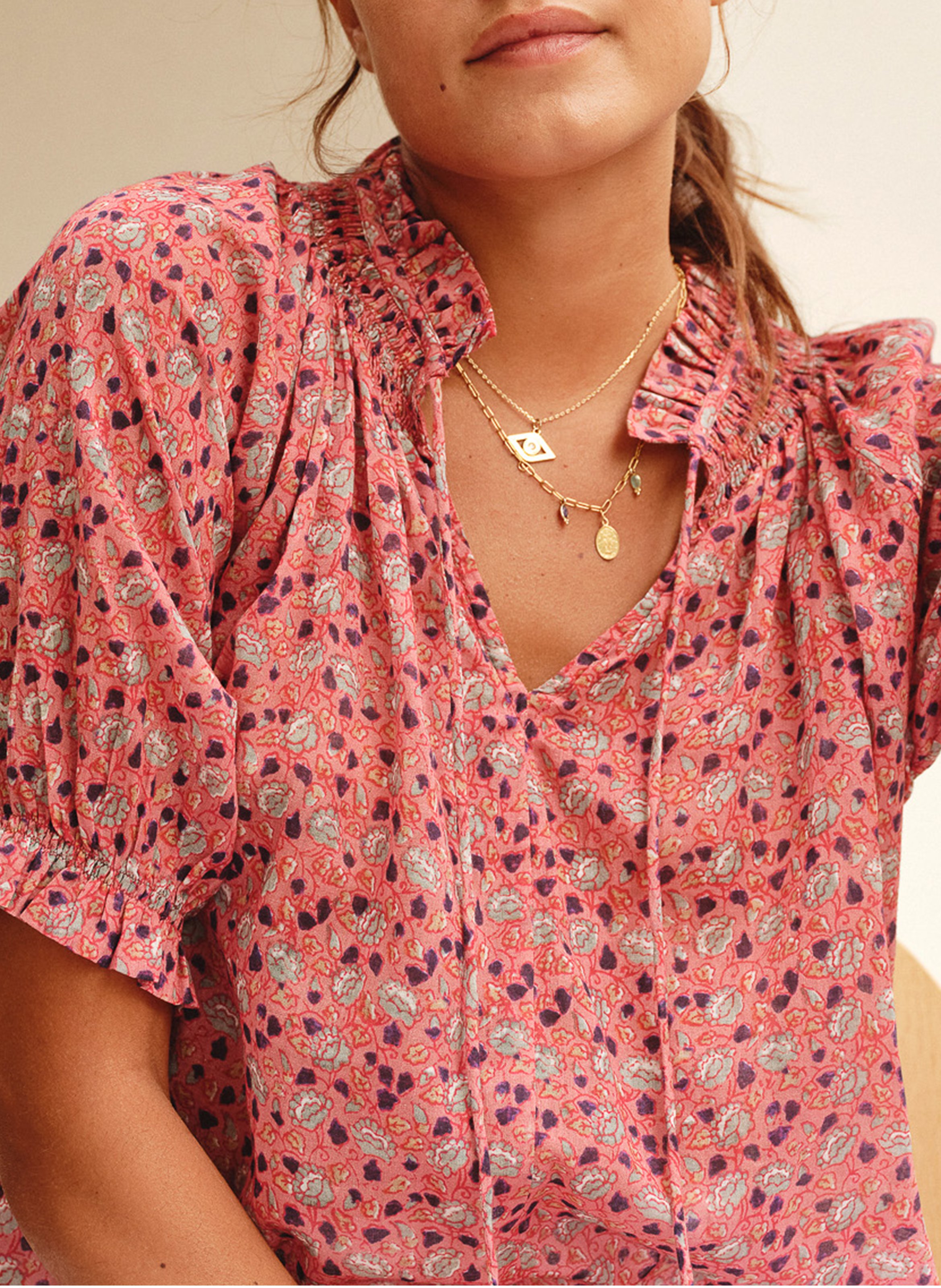 Printed cotton V-neck crop top M.A.B.E Pink