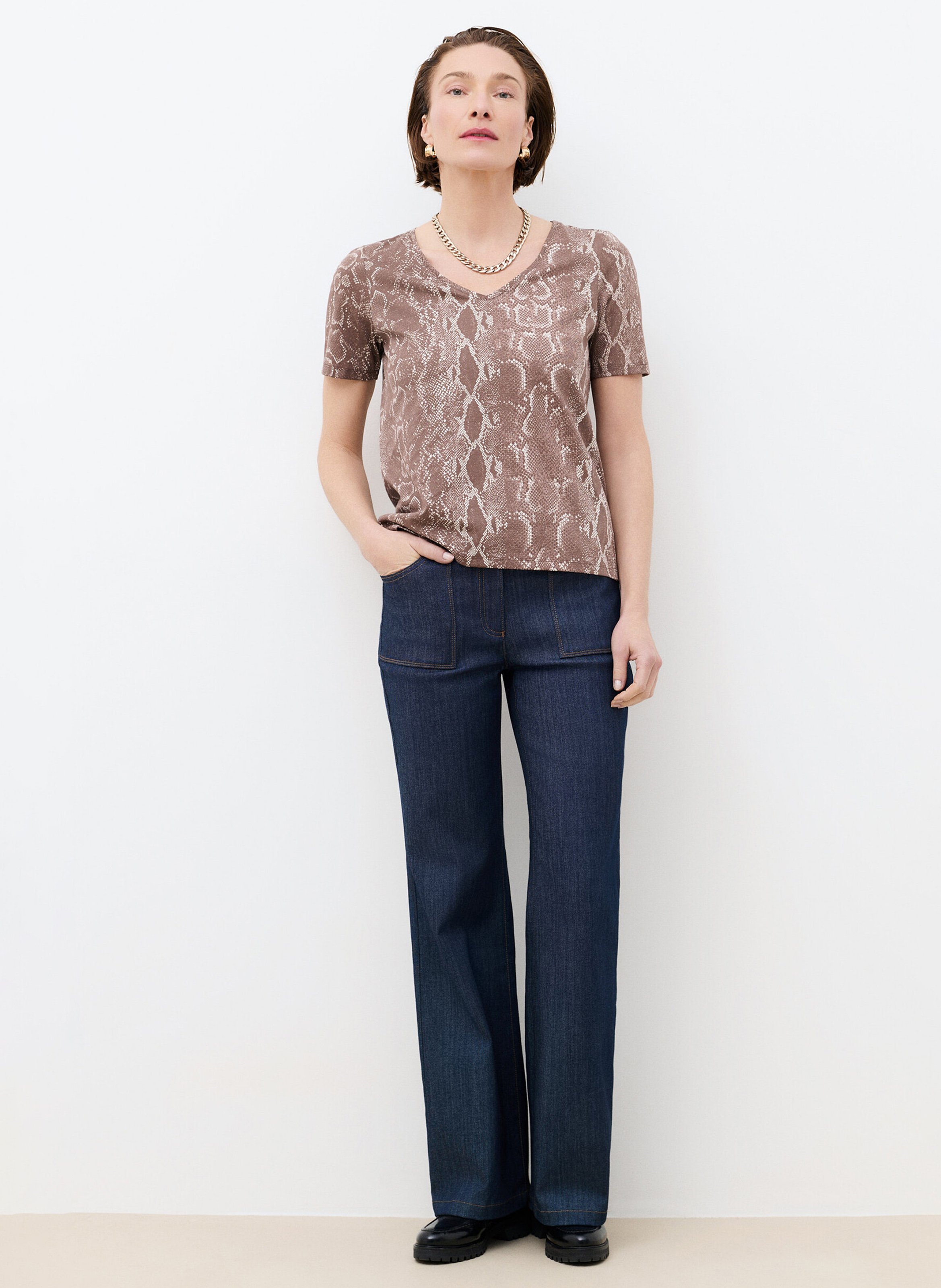 Tee-shirt col V droit imprimé CAROLL Marron