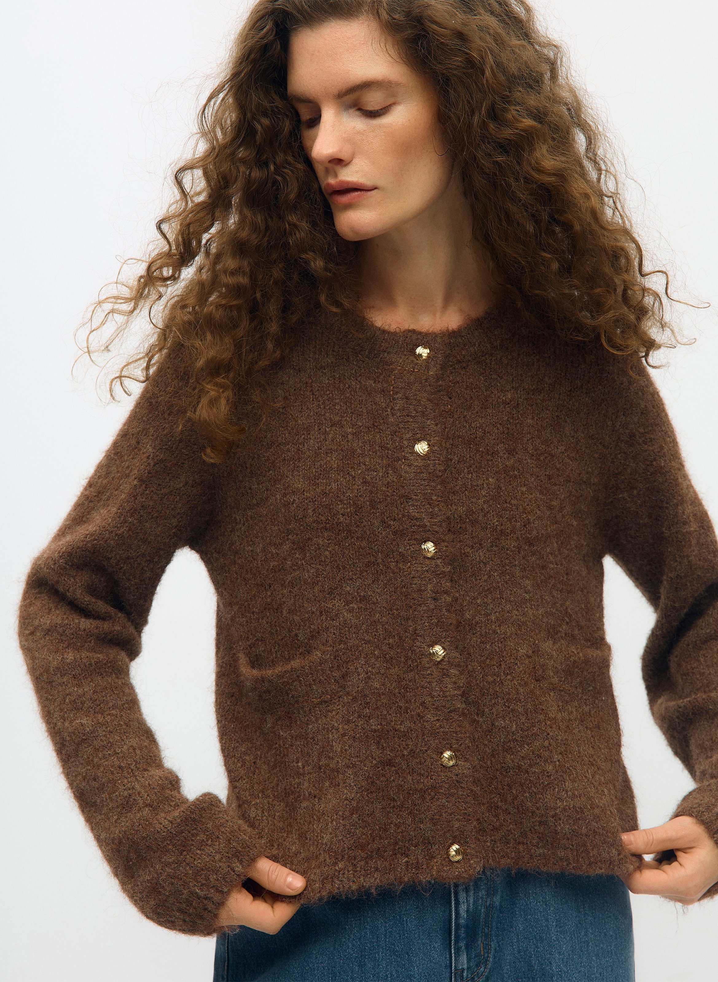 Round-neck cardigan OBJECT Brown