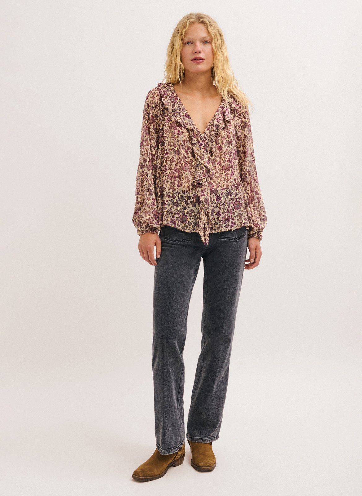 Straight-cut printed V-neck blouse PABLO Beige