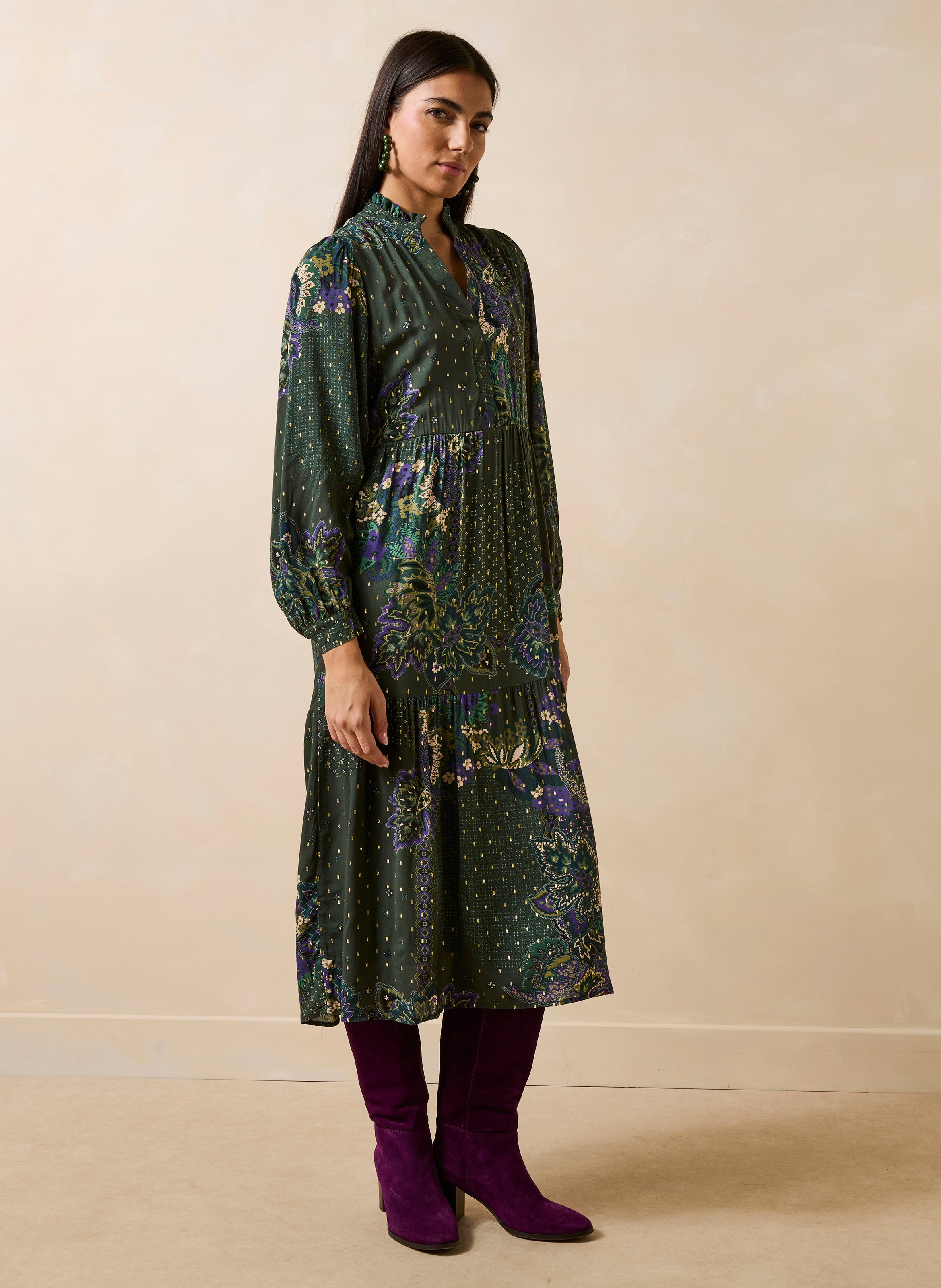 Loose dress with Tunisian collar in print LA FEE MARABOUTEE Green