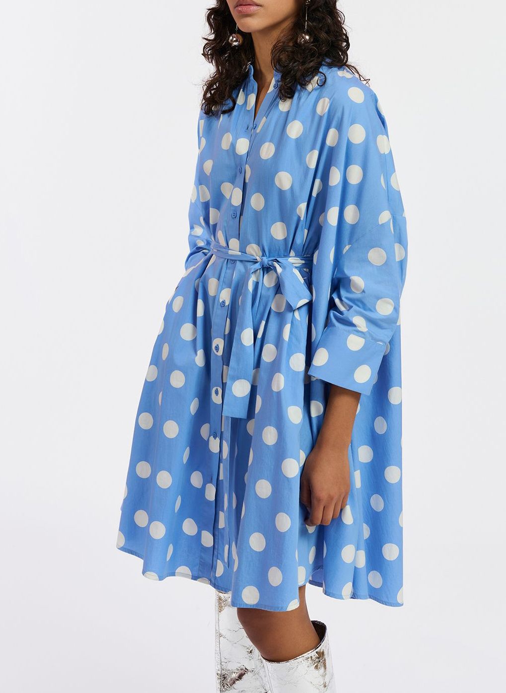 Robe chemise col mao imprim e en coton Bleu