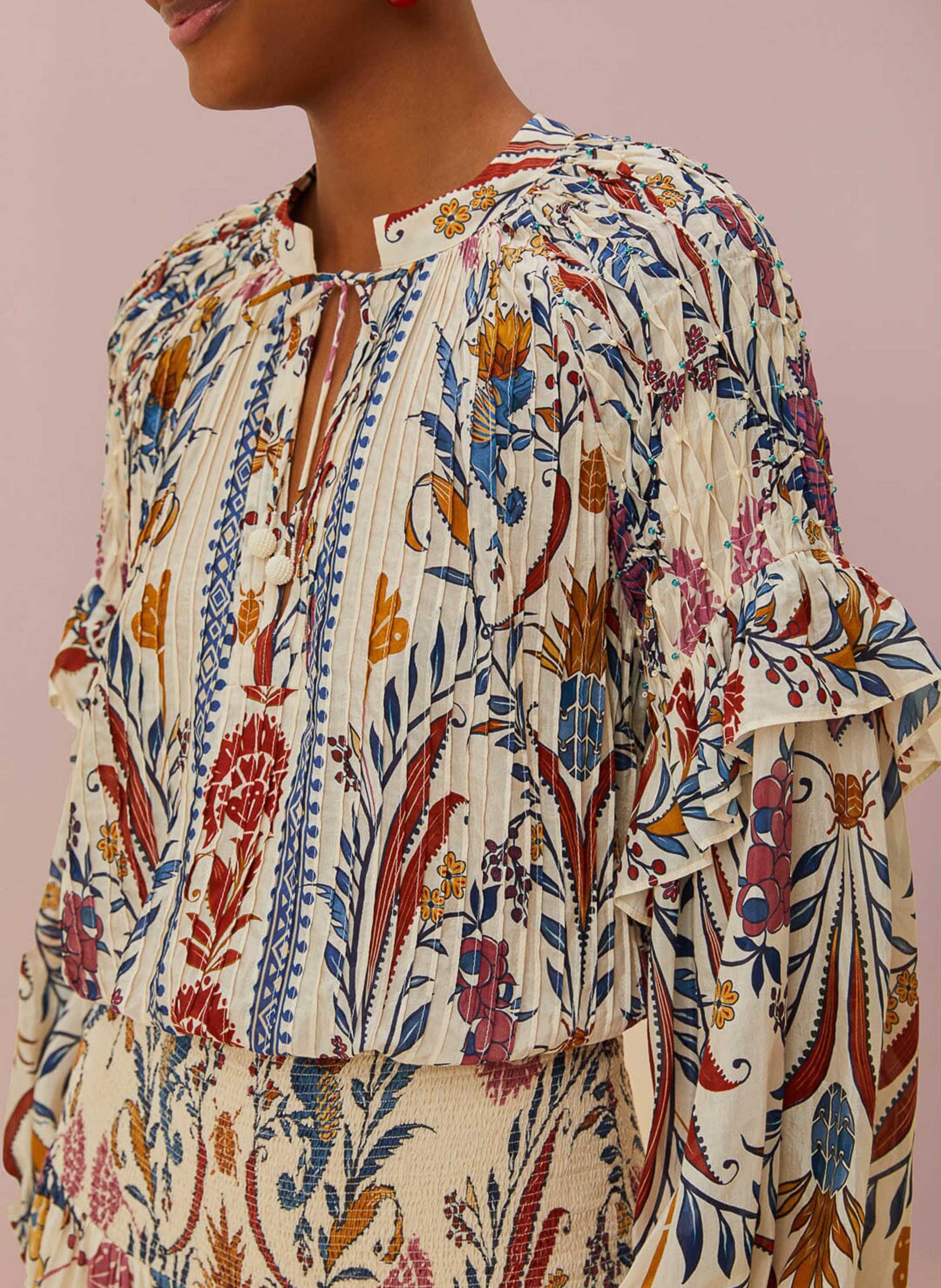 Printed tunic collar blouse in blended cotton FARM RIO Beige