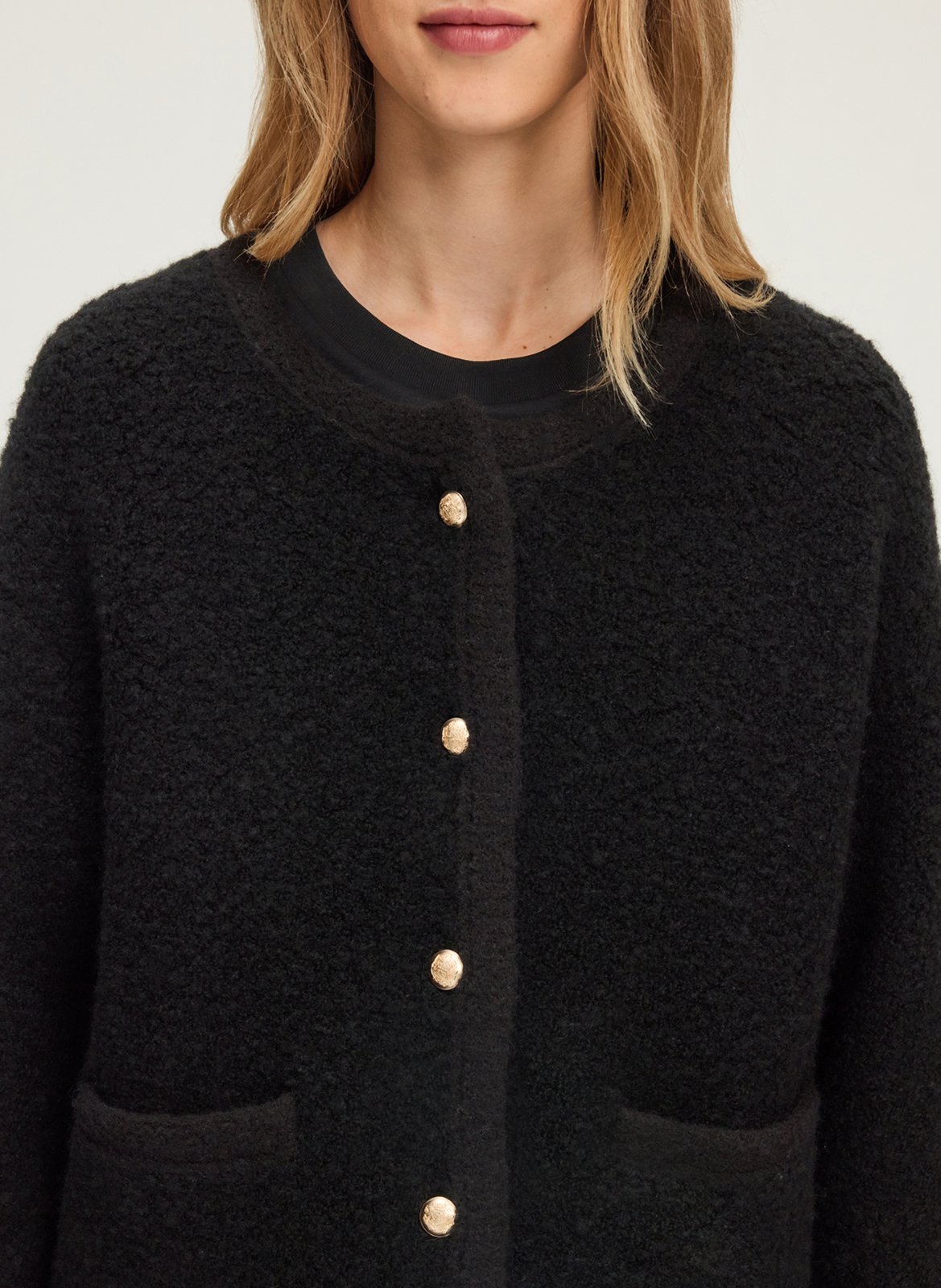Straight round-neck mixed knit cardigan PABLO Black