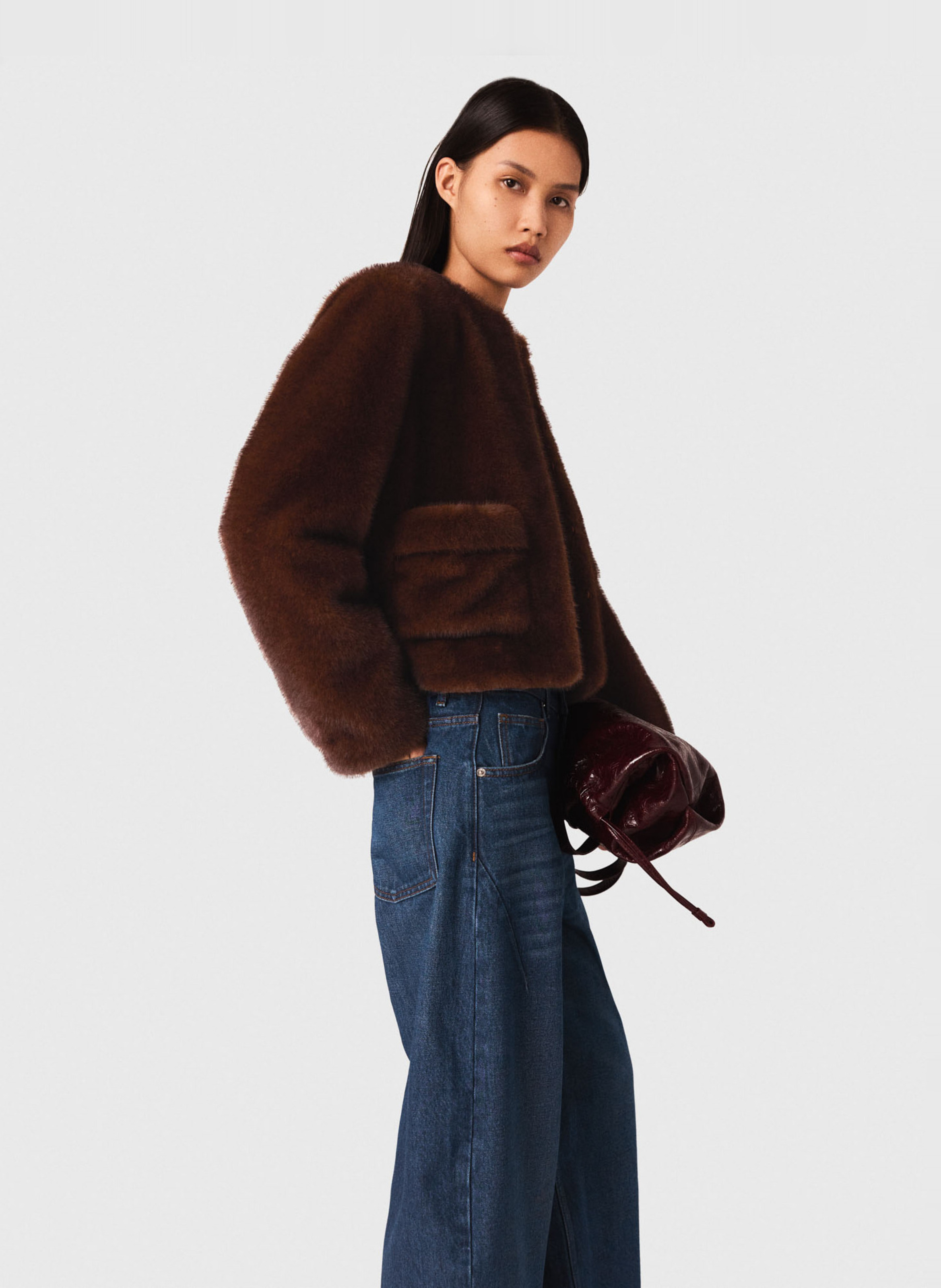 Veste col rond effet fourrure MAJE Marron