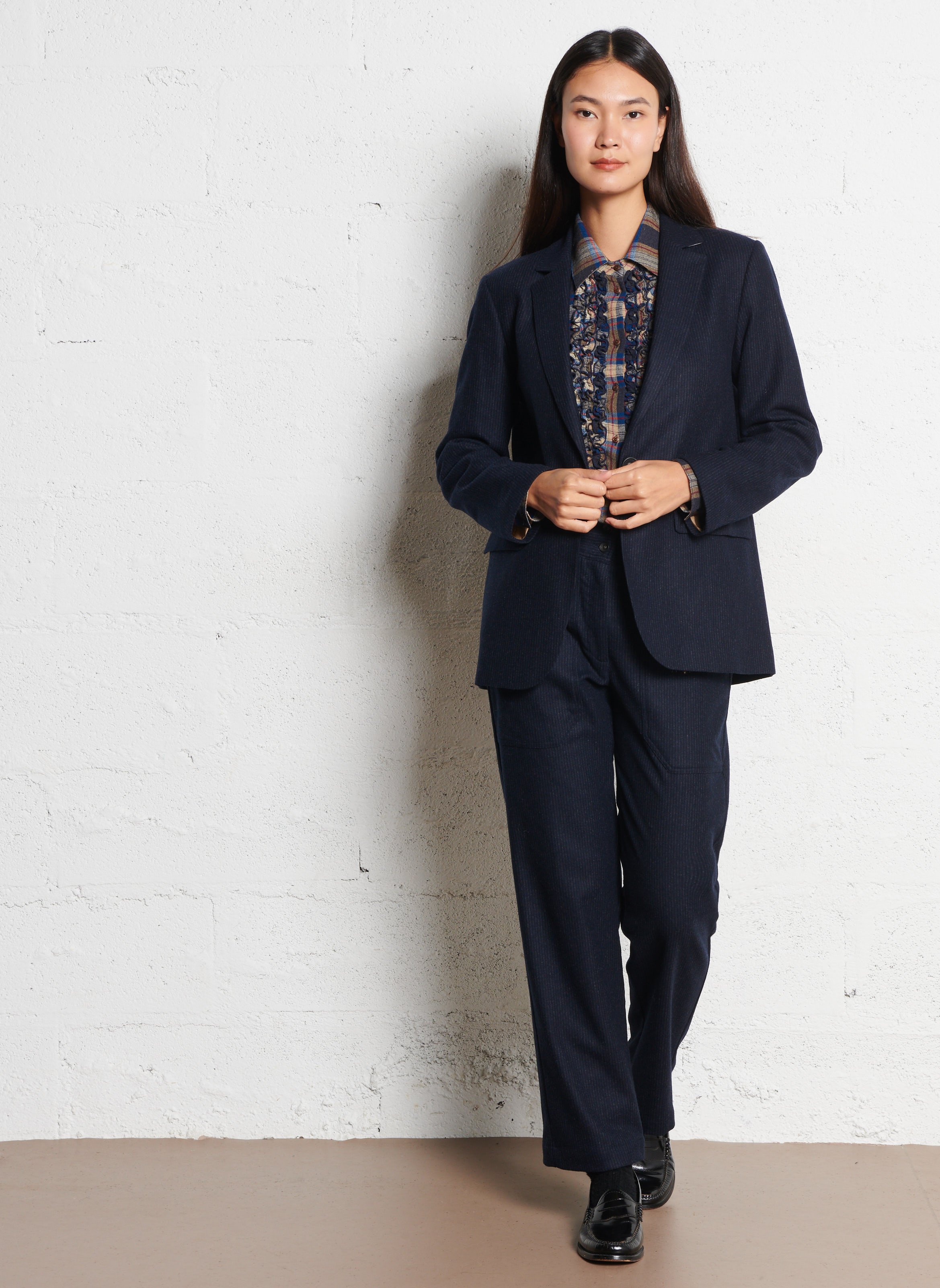 Veste droite col tailleur rayée en laine mélangée DIEGA Bleu