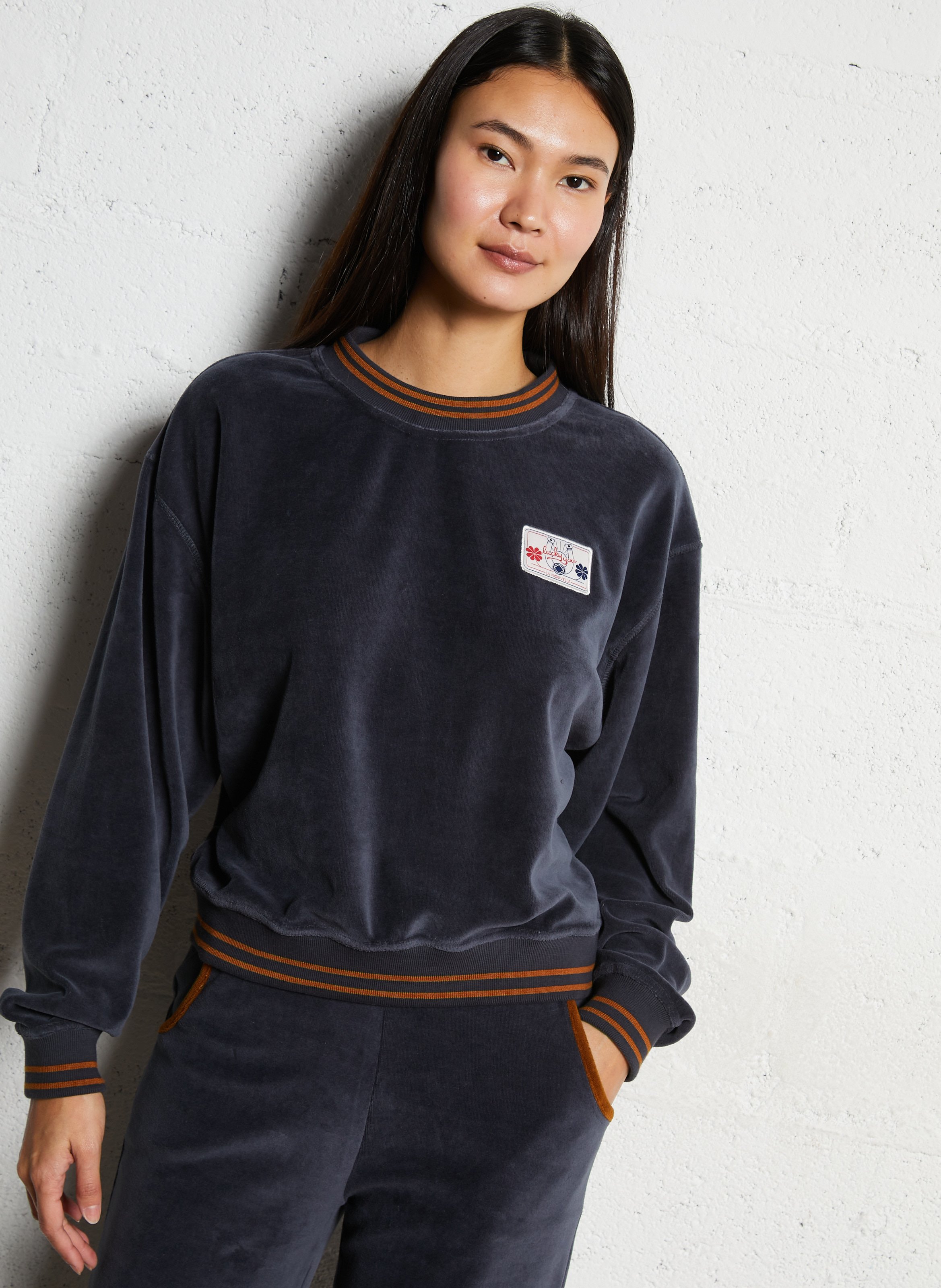 Sweat col rond en velours  LA NOUVELLE Gris