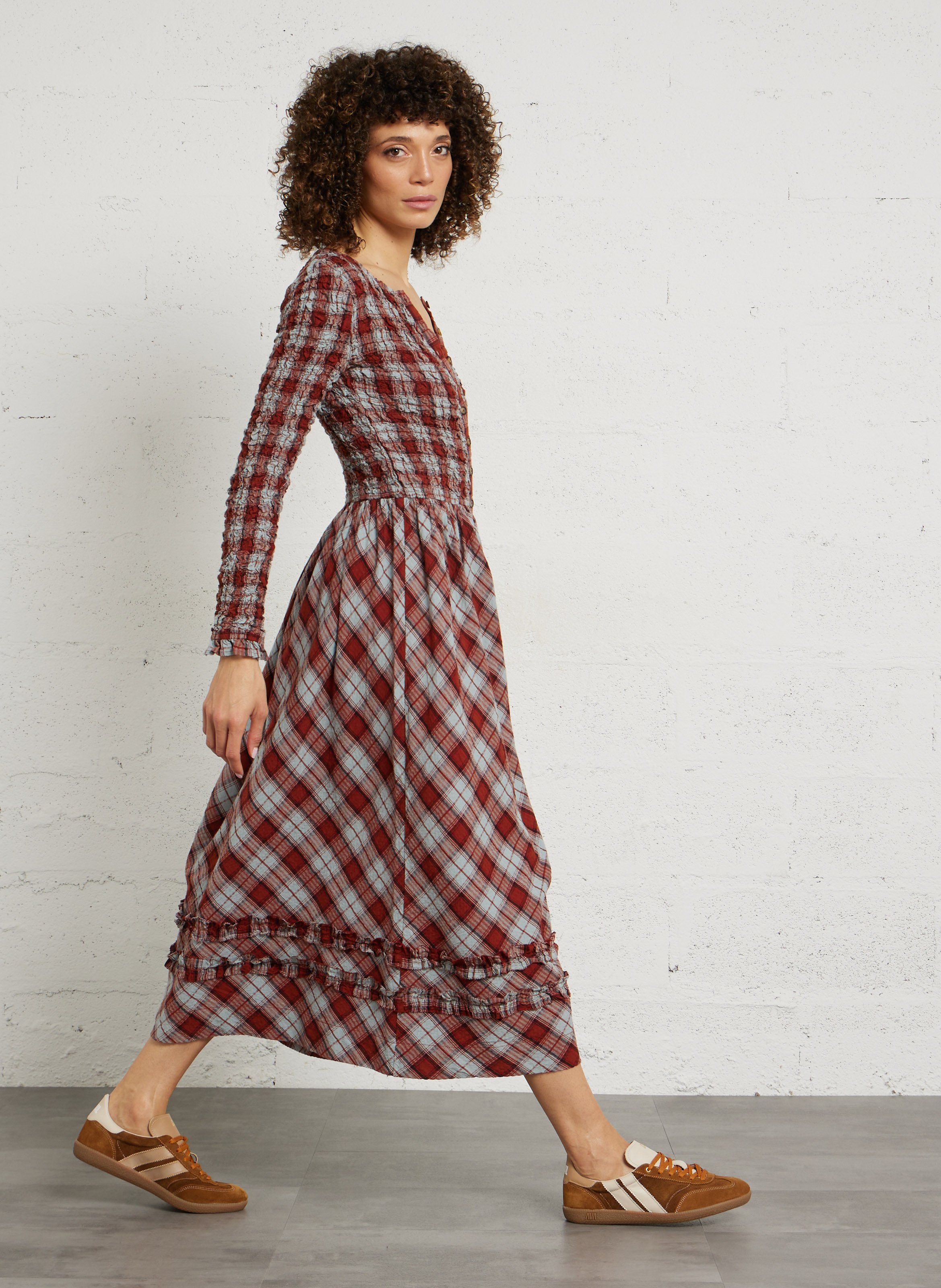 Robe midi col rond à carreaux en coton bio DAMSON MADDER Bleu